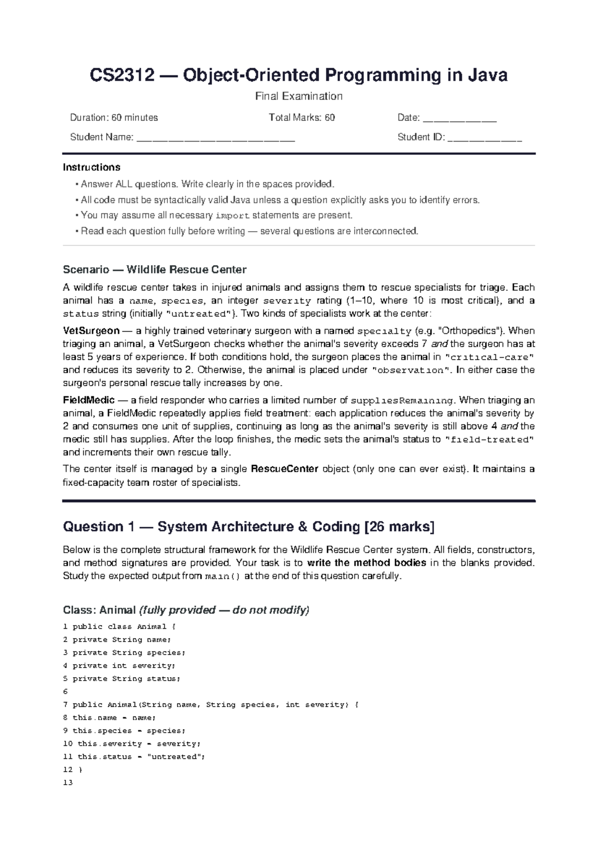 CS2312 Programming in Java Final Exam Mock Document - Studocu
