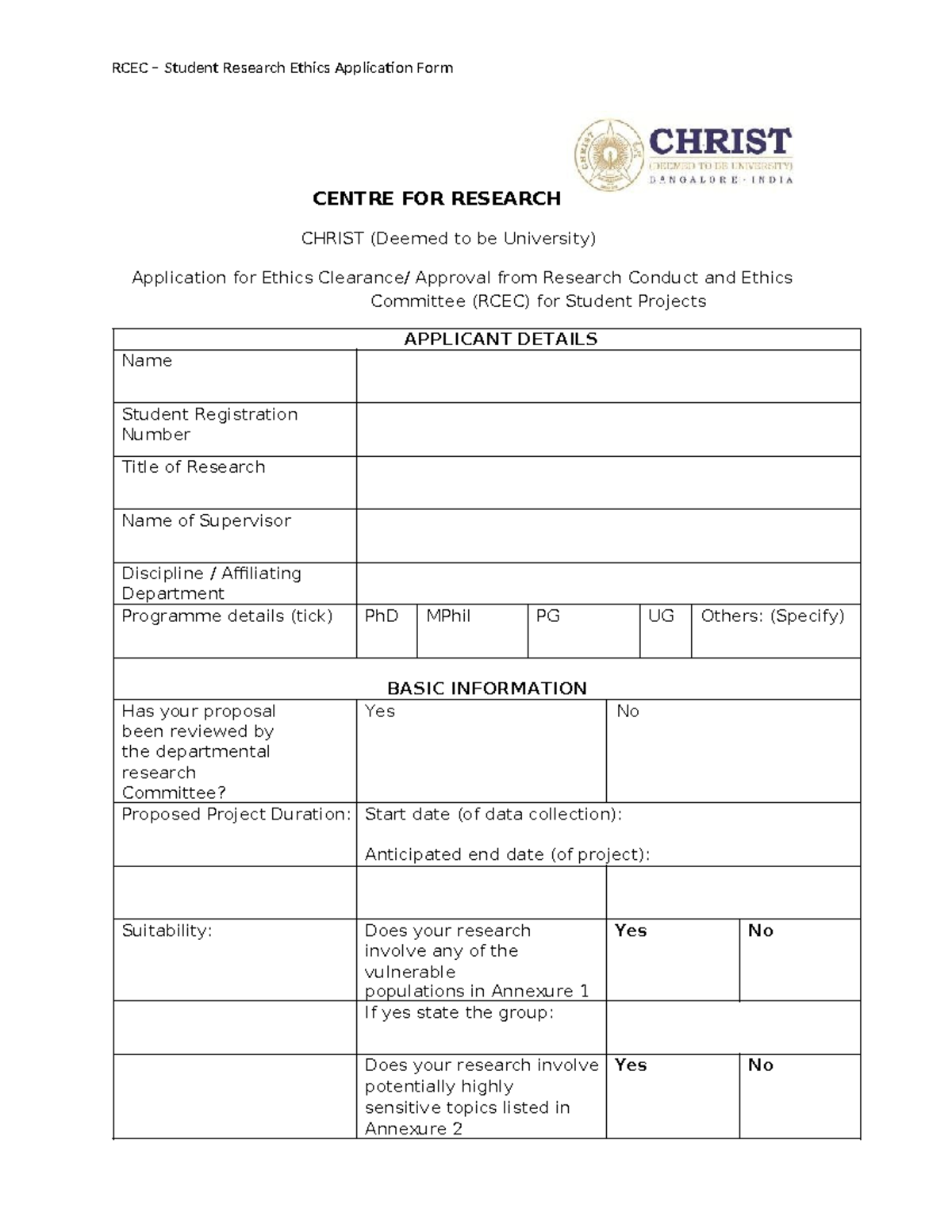 IRB Application for Ethics Approval - Student Projects at CHRIST ...
