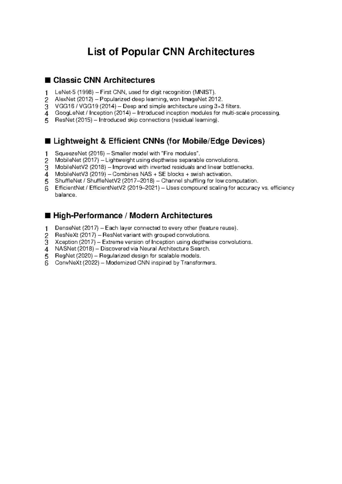 CNN Architectures Overview: Classic to Modern Designs - Studocu
