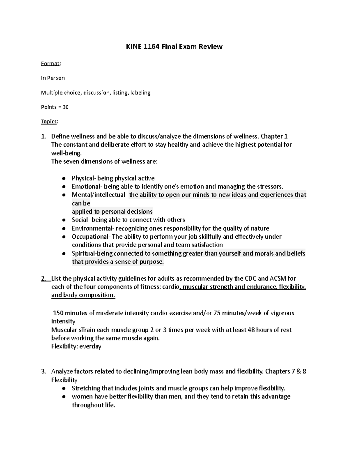 KINE 1164 Final Exam Review: Key Topics and Study Guide - Studocu