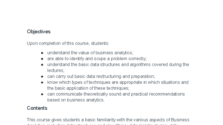 BA Course Catalogue: Business Analytics Objectives & Overview - Studeersnel