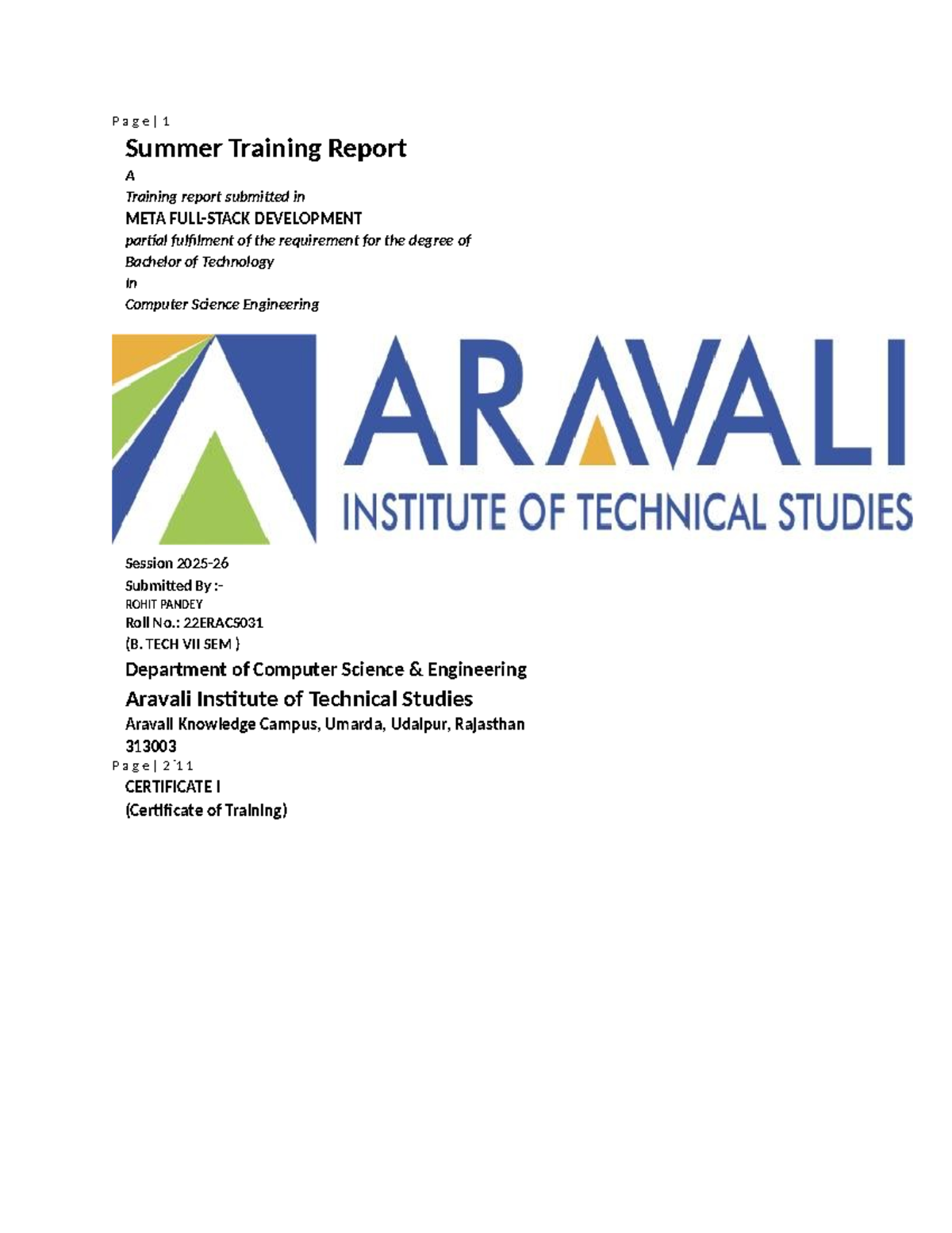 B.Tech CSE Summer Training Report on Full Stack Development - Studocu