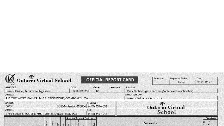 Ontario Virtual School Final Report Card for Hameraom - Studocu