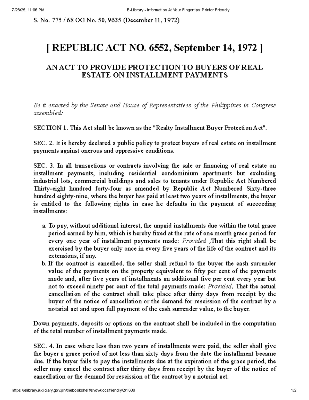 R.A. No. 6552: Maceda Law - Buyer Protection on Installments - Studocu