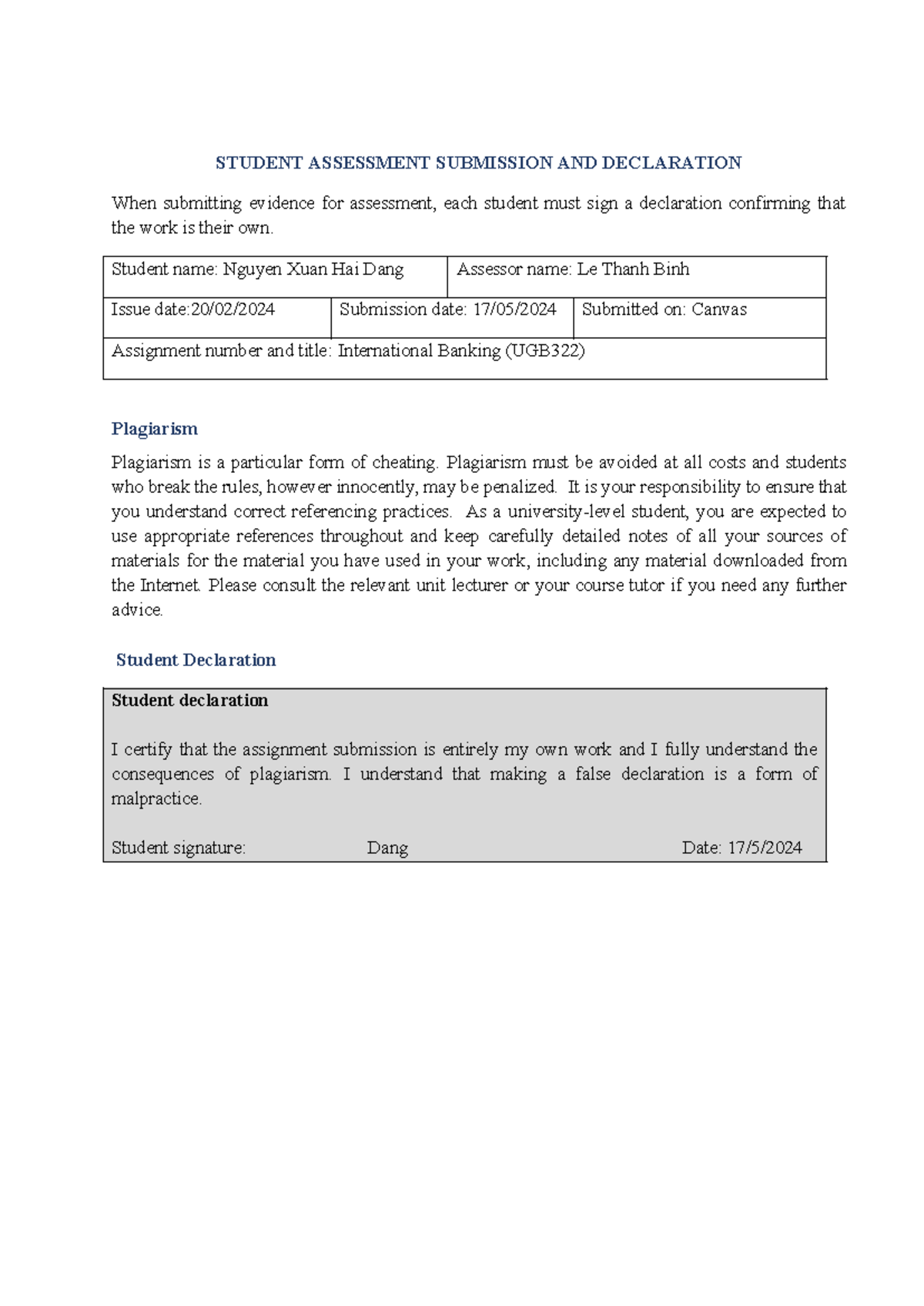UGB322 International Banking Assignment Submission & Declaration - Studocu