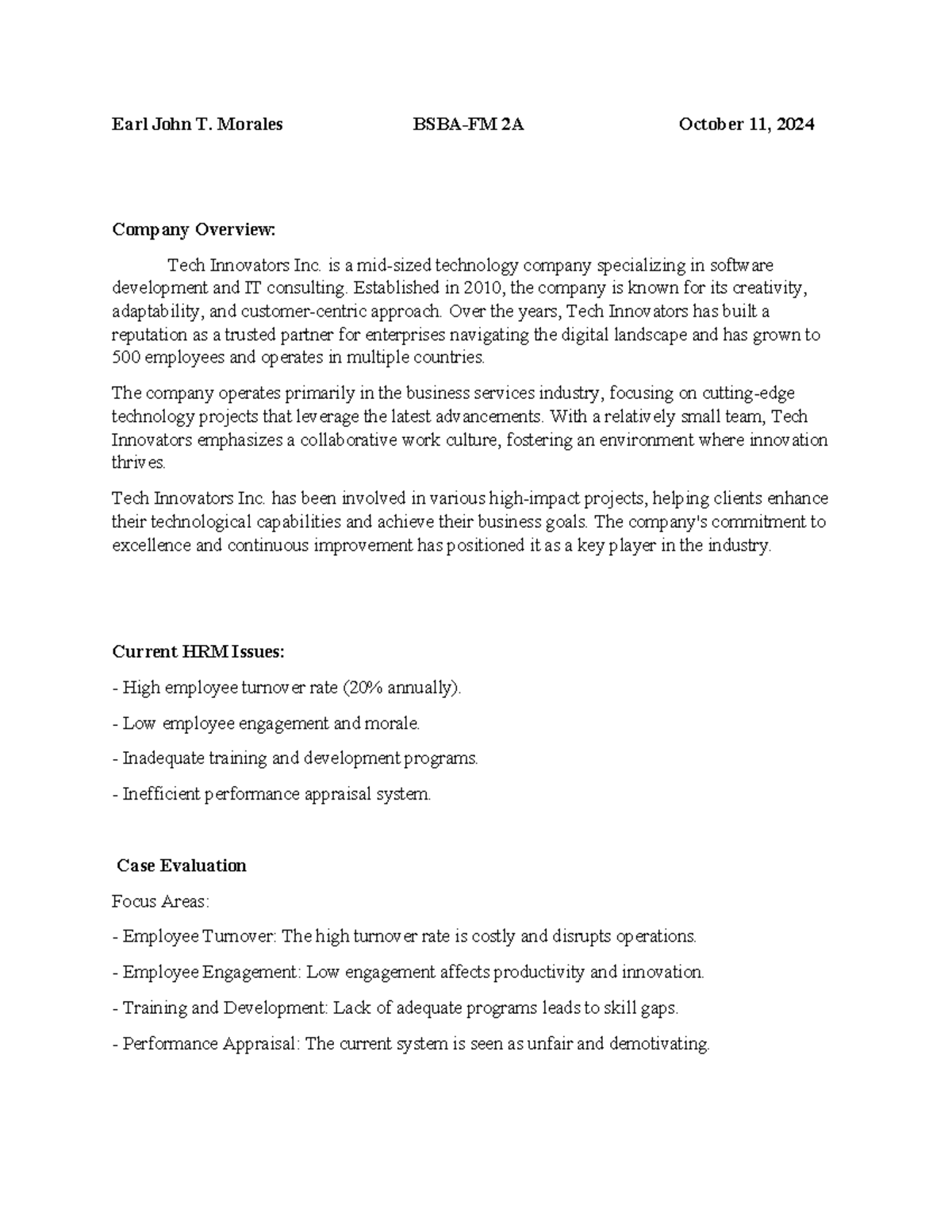 Case Study: HRM Issues & Solutions for Tech Innovators Inc. 2A - Studocu