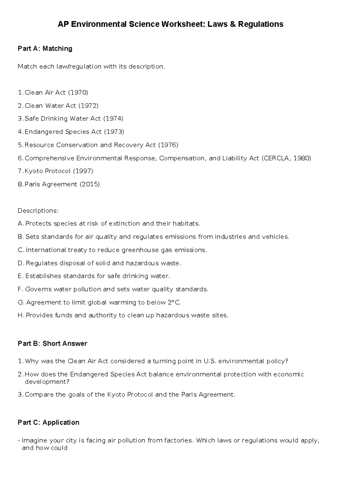 APES Worksheet: Environmental Laws & Regulations Overview - Studocu
