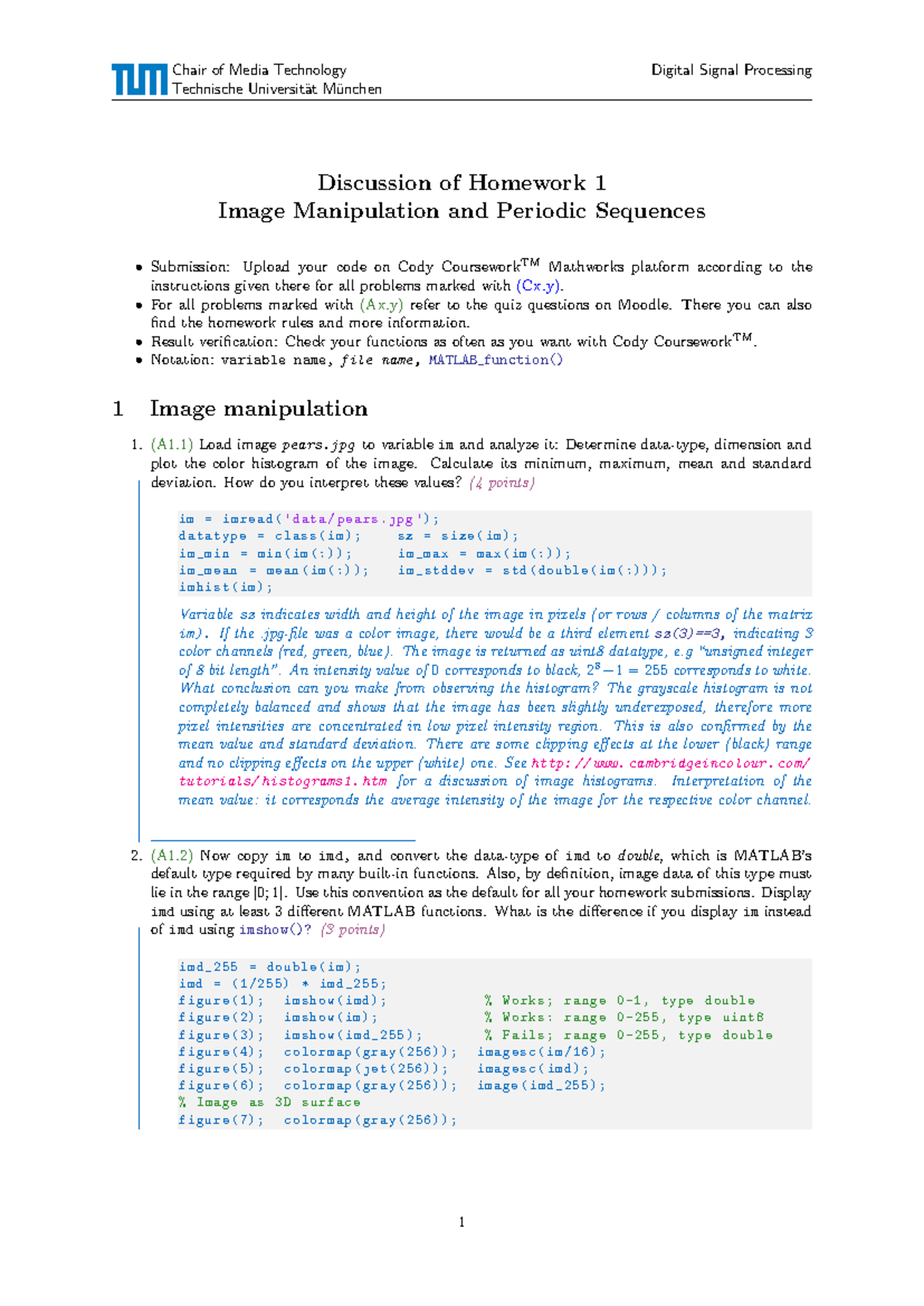 Matlab HW1 Solutions: Image Manipulation & Periodic Sequences - Studocu