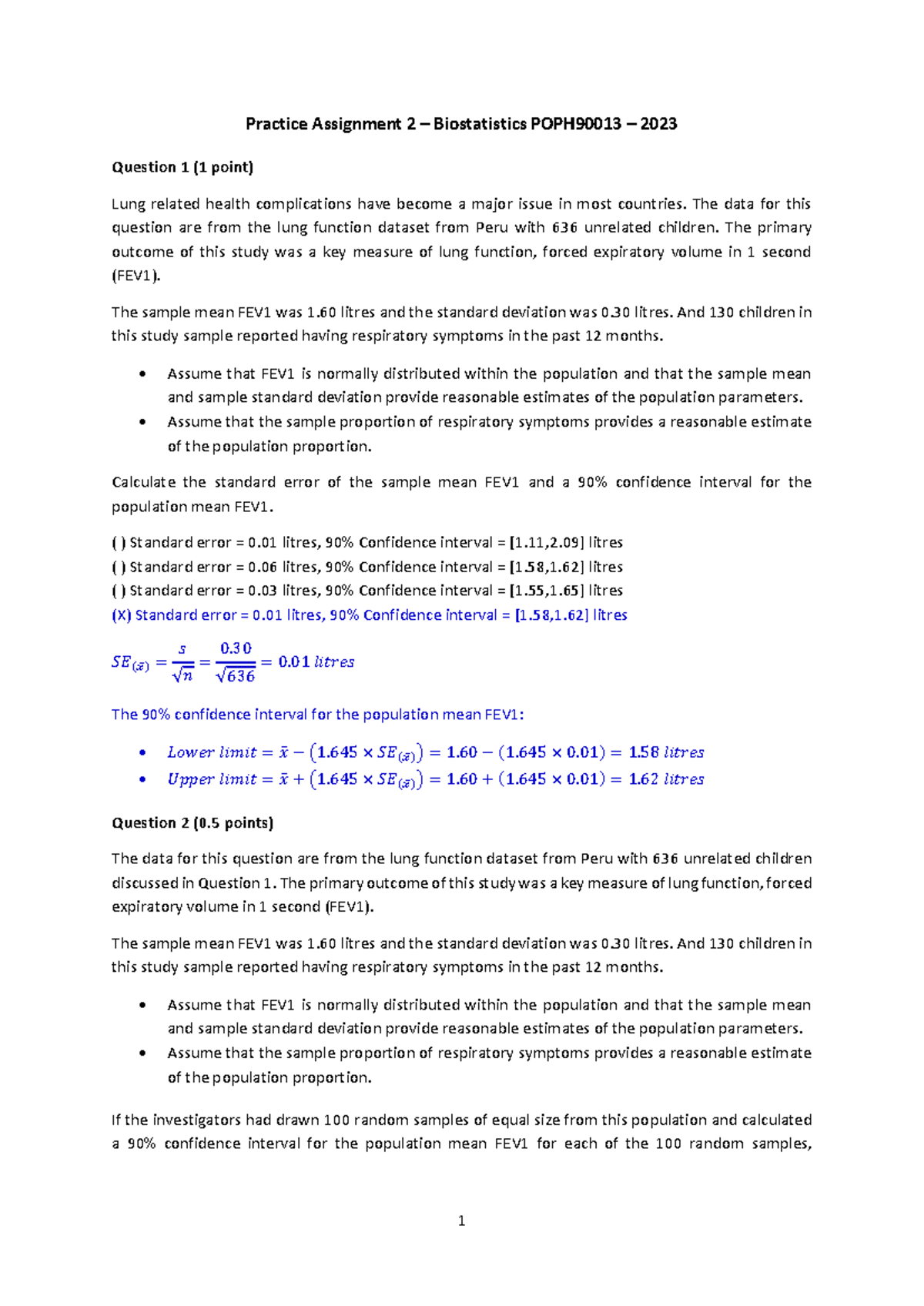 Practice Assignment 2 – Biostatistics Solutions (POPH90013) - Studocu