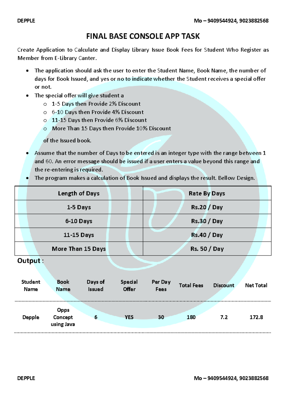 Final app task for DEPPLE Mo 9409544924: Library book fee calculator ...