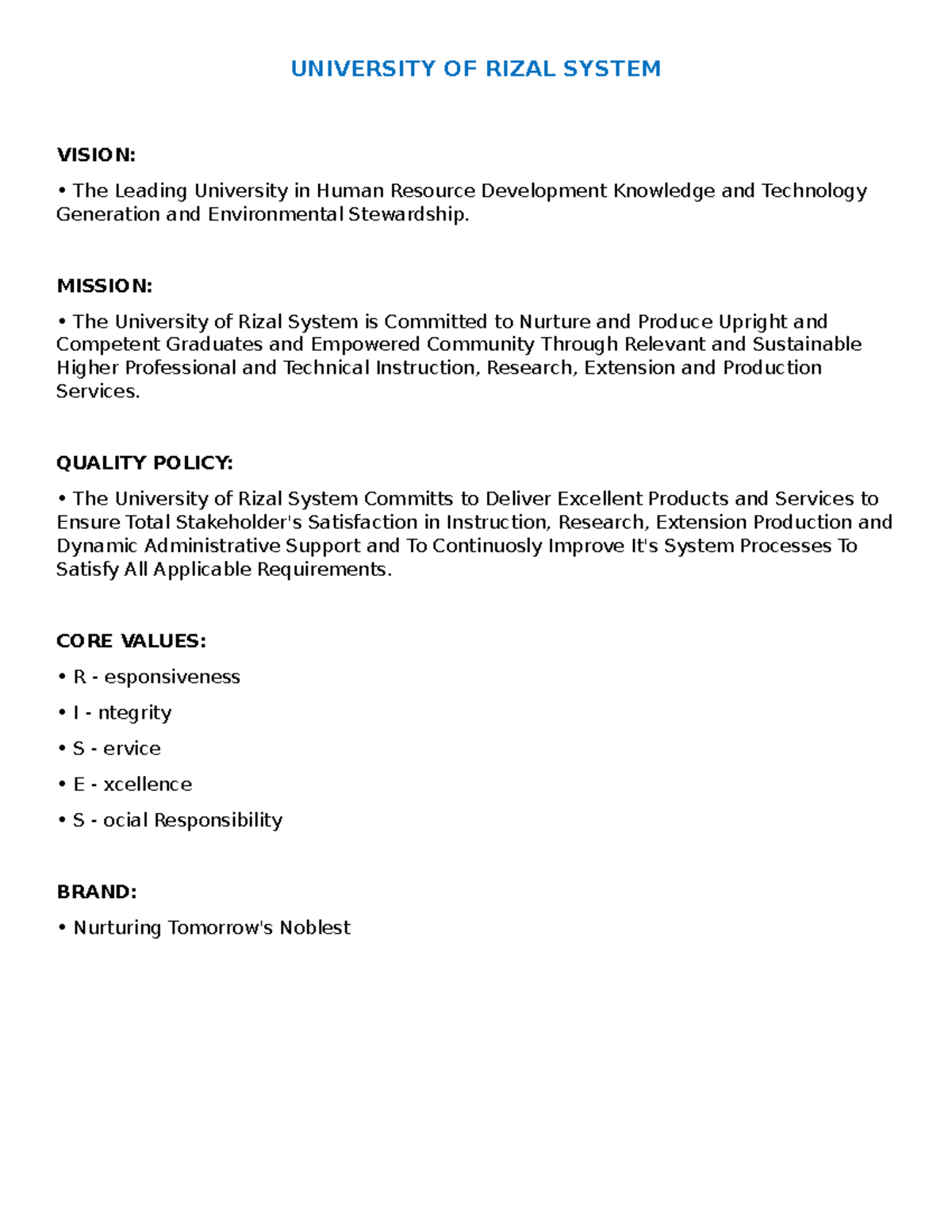 URS Mission AND Vision - UNIVERSITY OF RIZAL SYSTEM VISION: The Leading ...