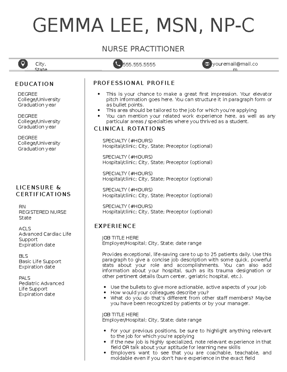 Gemma Lee, MSN, NP-C - Graduate Nurse Practitioner Template - Studocu