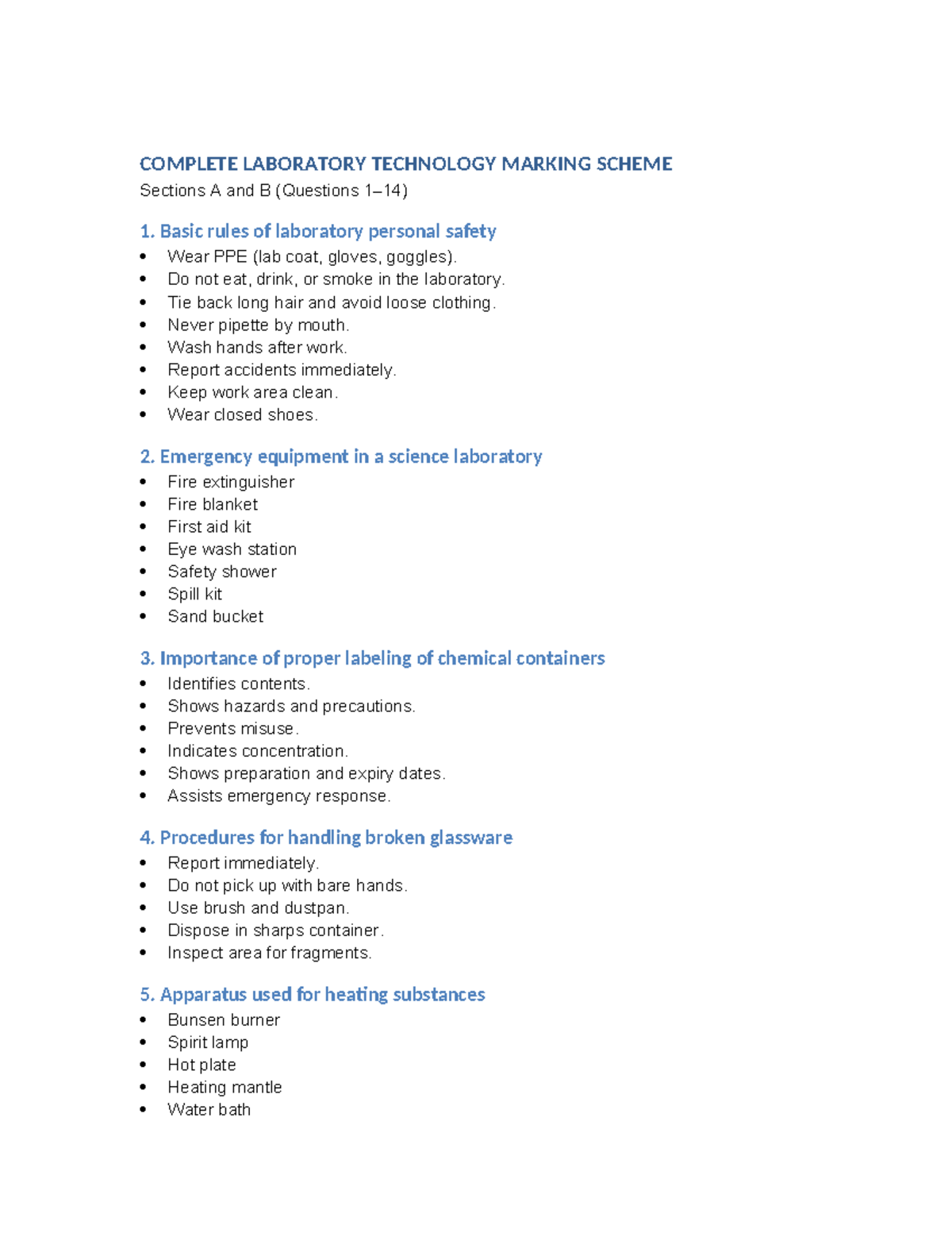 LAB TECH 101: Complete Marking Scheme for Sections A & B - Studocu