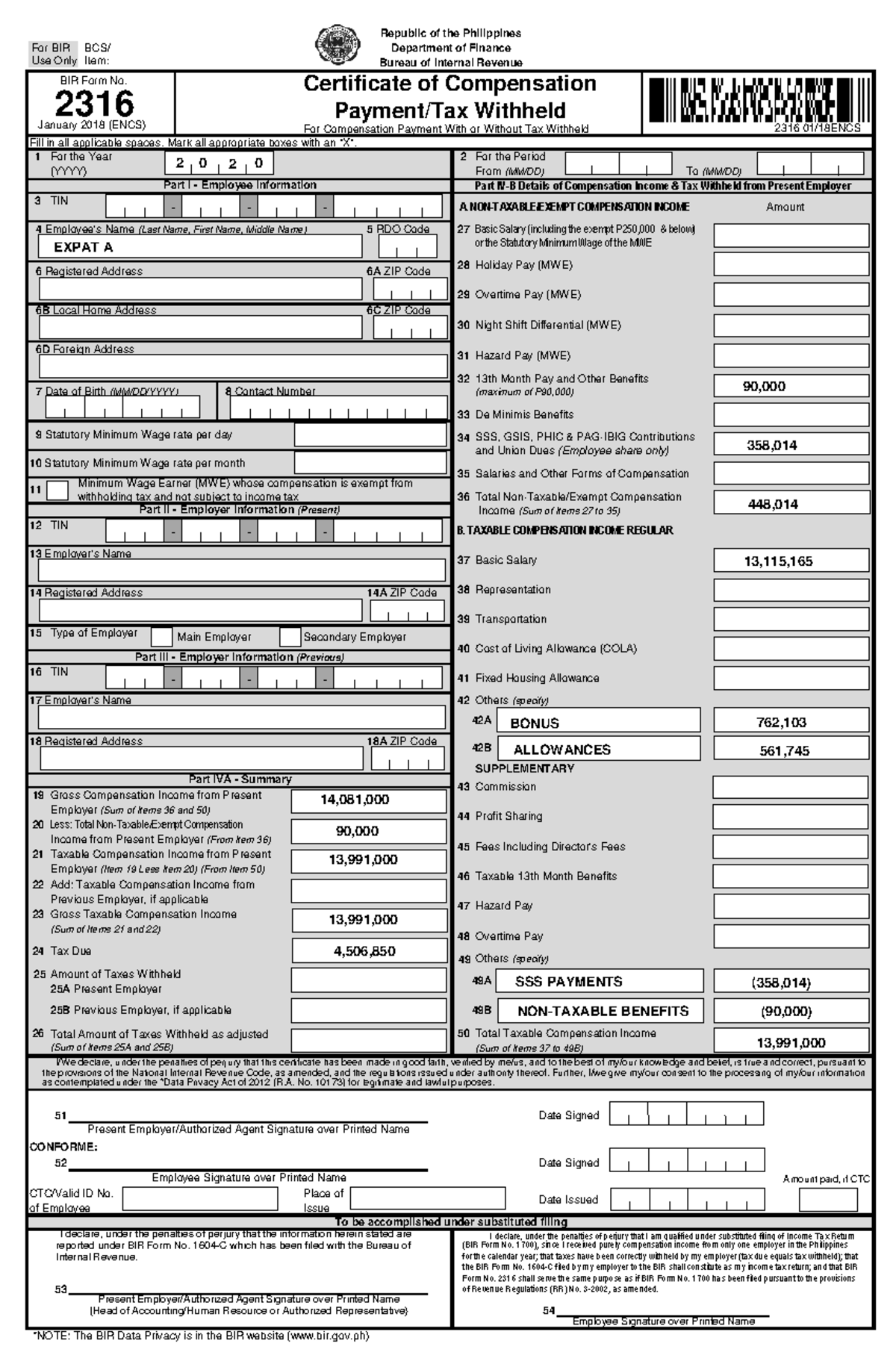 BIR Form 2316 for Expat A: Compensation Payment & Tax Withheld - Studocu