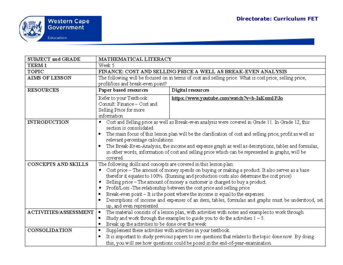 Grade 12 Term 1 Week 5 - Directorate: Curriculum FET SUBJECT and GRADE ...
