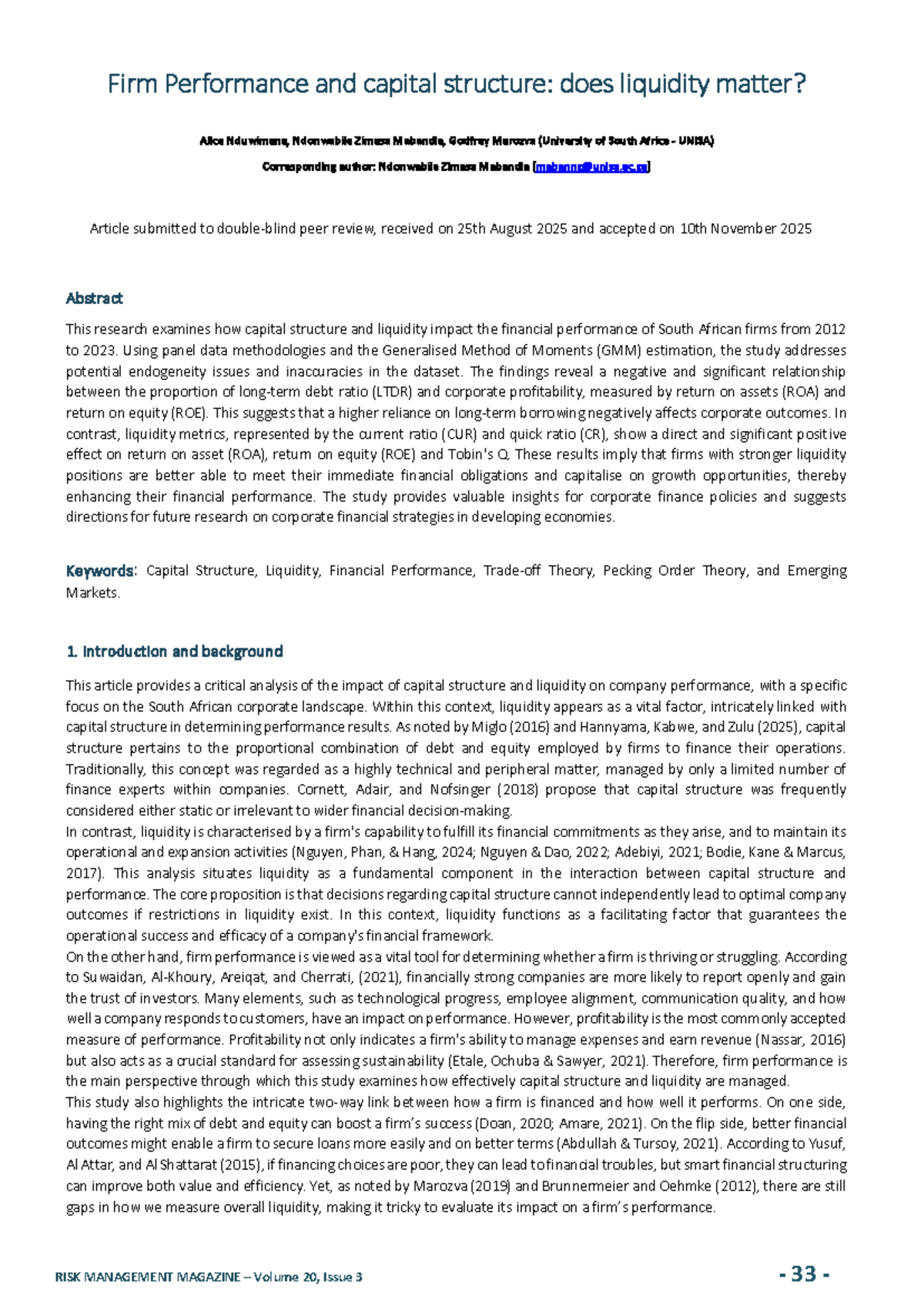 Firm Performance & Capital Structure: The Role of Liquidity (FIN 2023 ...