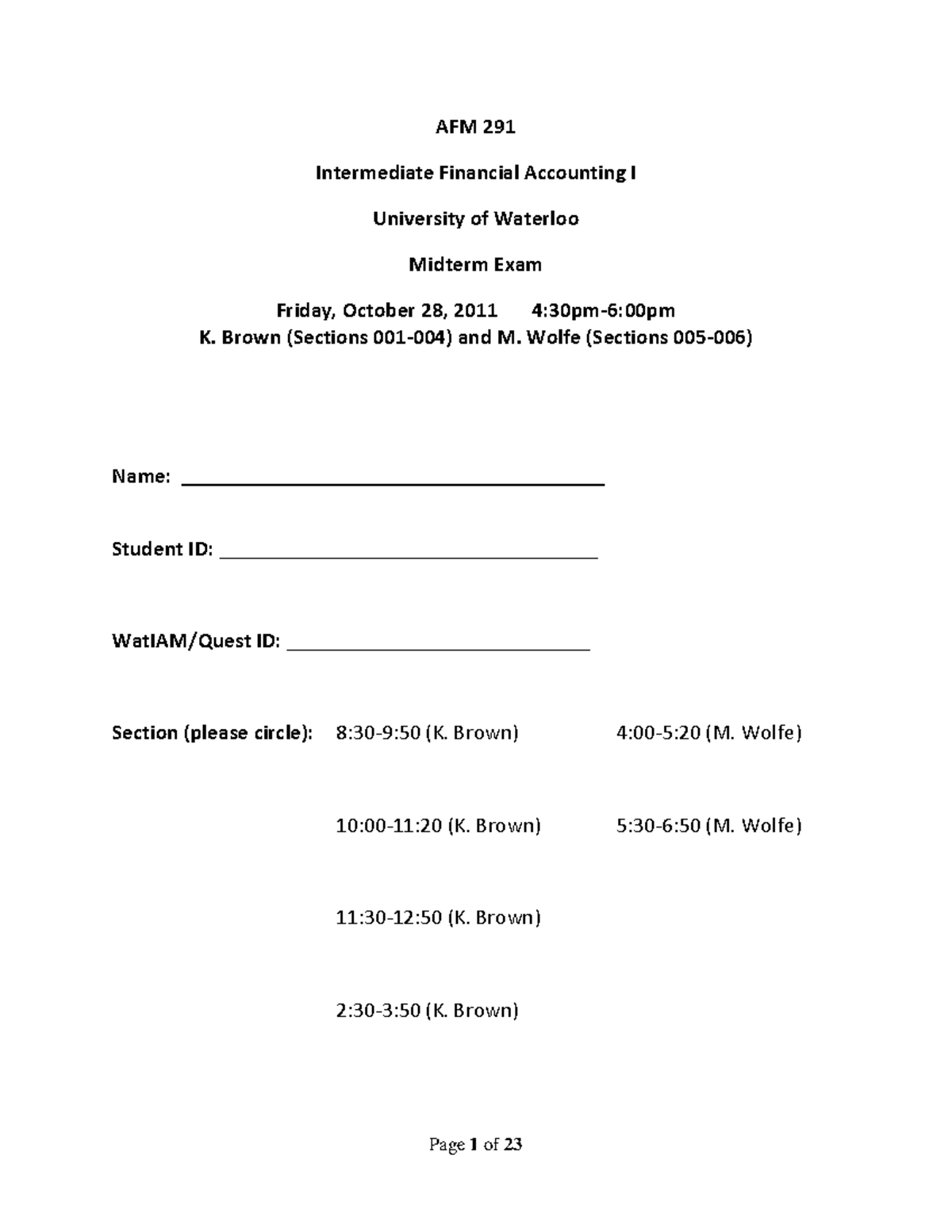 AFM 291 Midterm Exam Answers - October 28, 2011 Analysis - Studocu