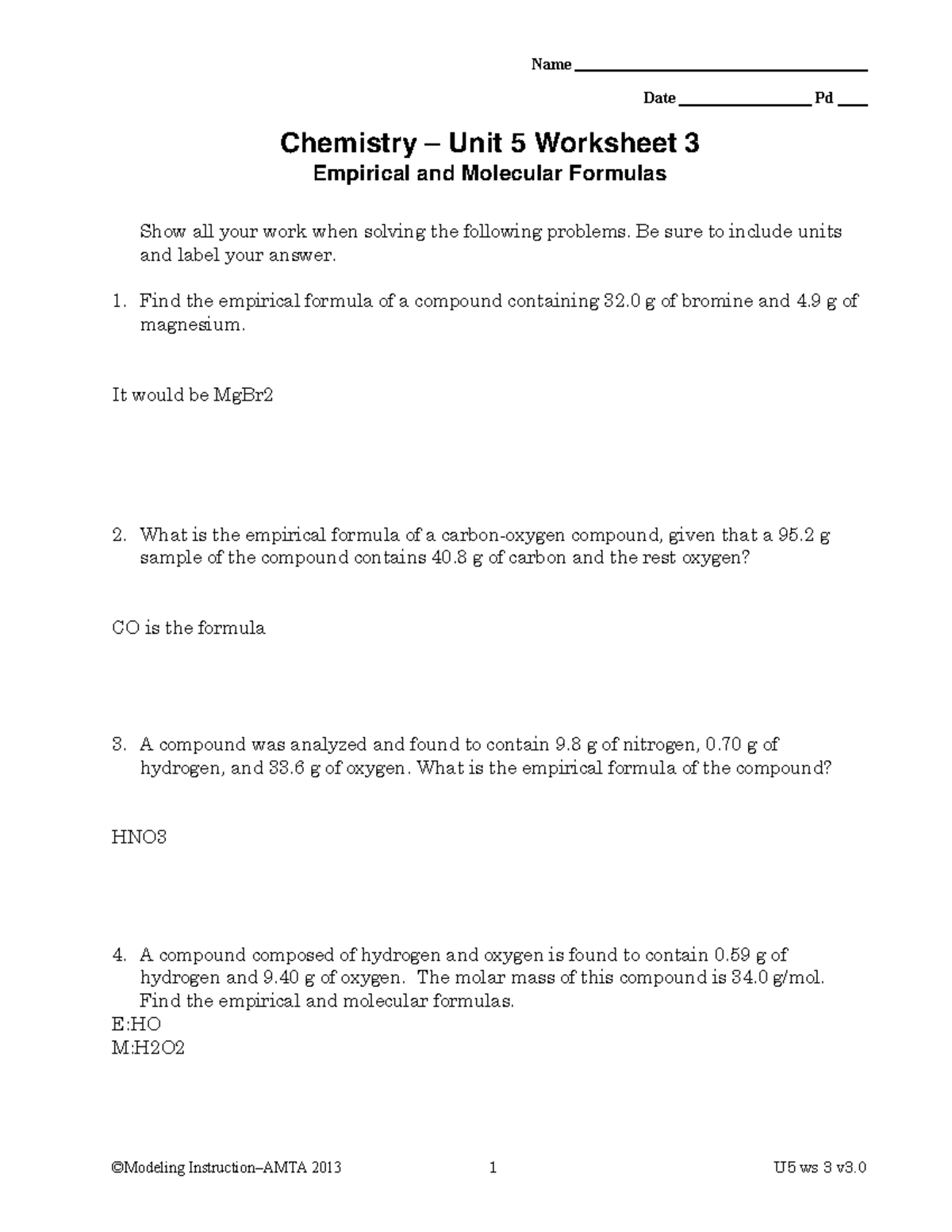 Chemistry Unit 5 Worksheet 3: Empirical & Molecular Formulas - Studocu