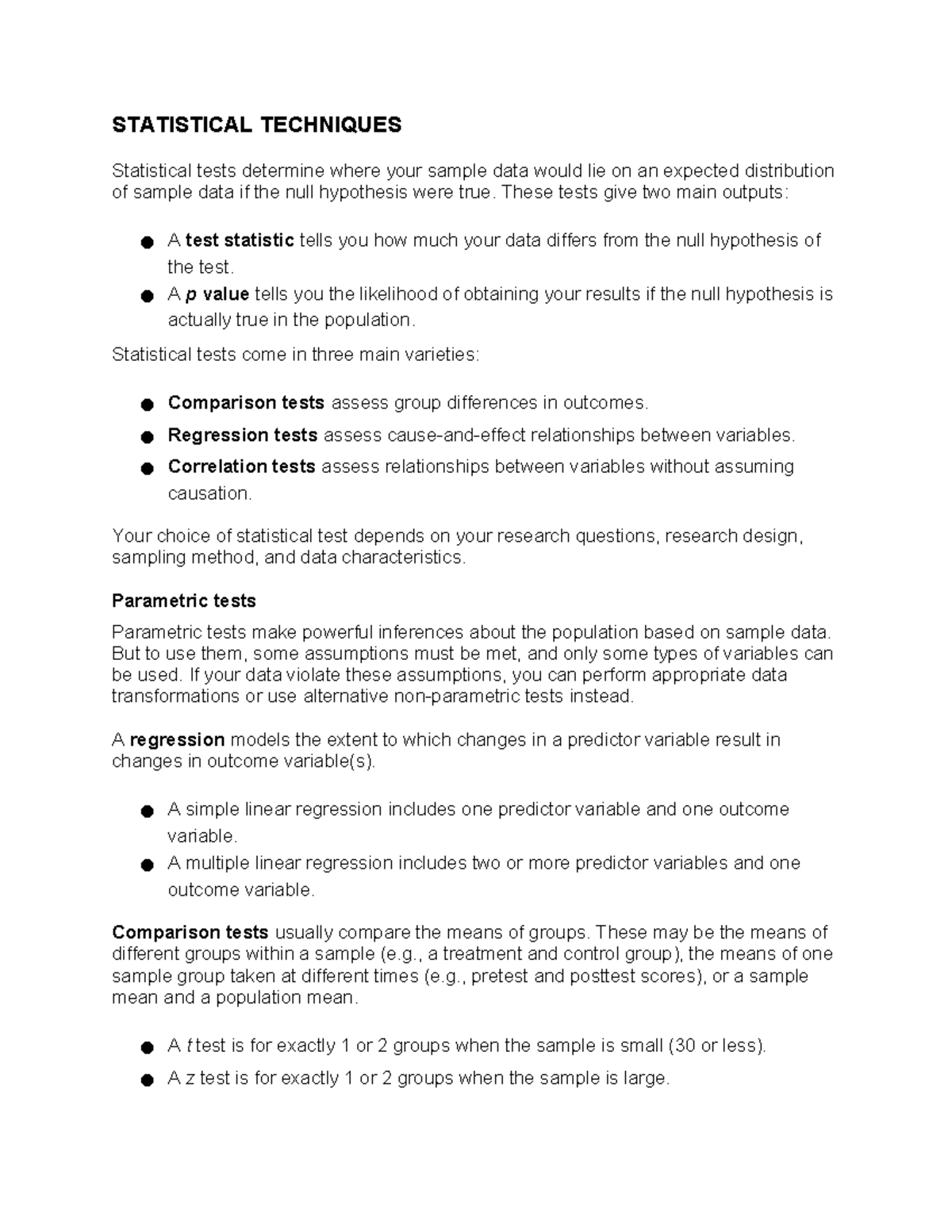 BRES 1: Statistical Techniques and Tests Overview - Studocu