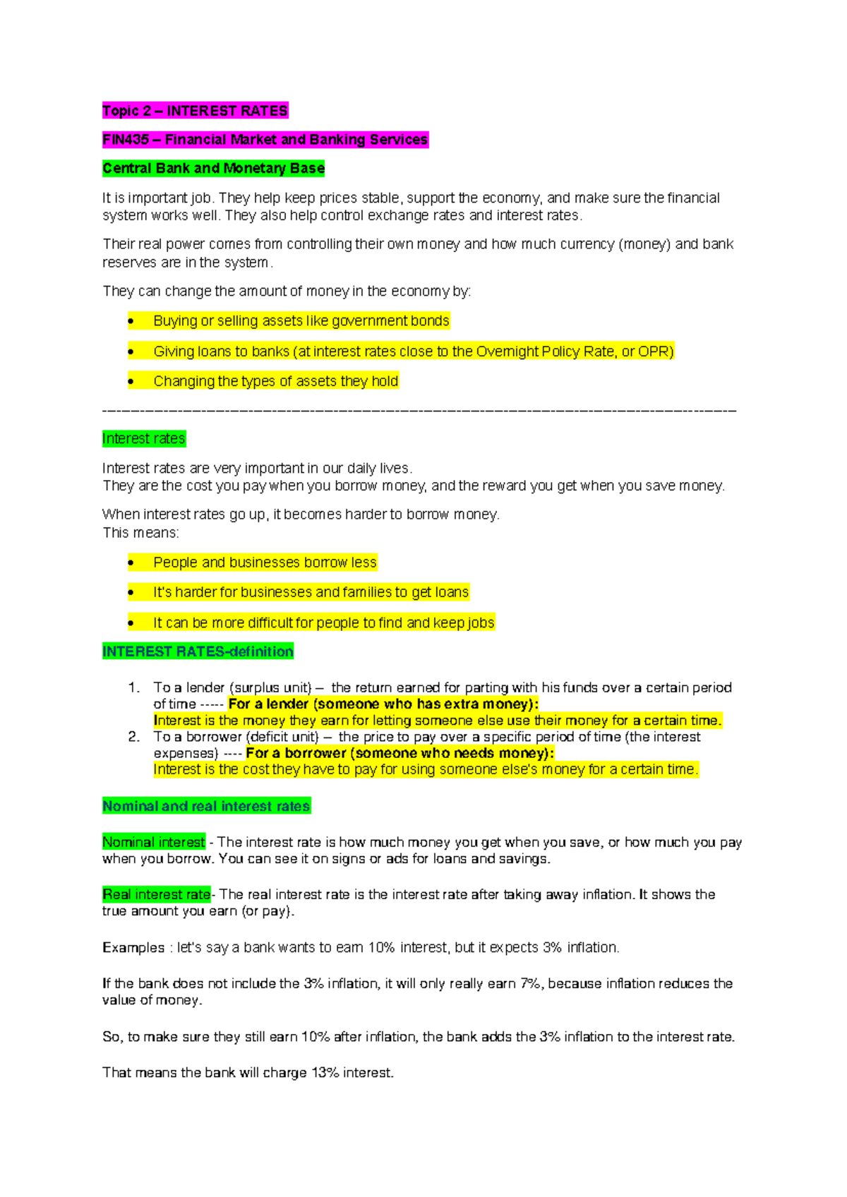 Chapter 2 Notes on Interest Rates - FIN435 Financial Market & Banking ...