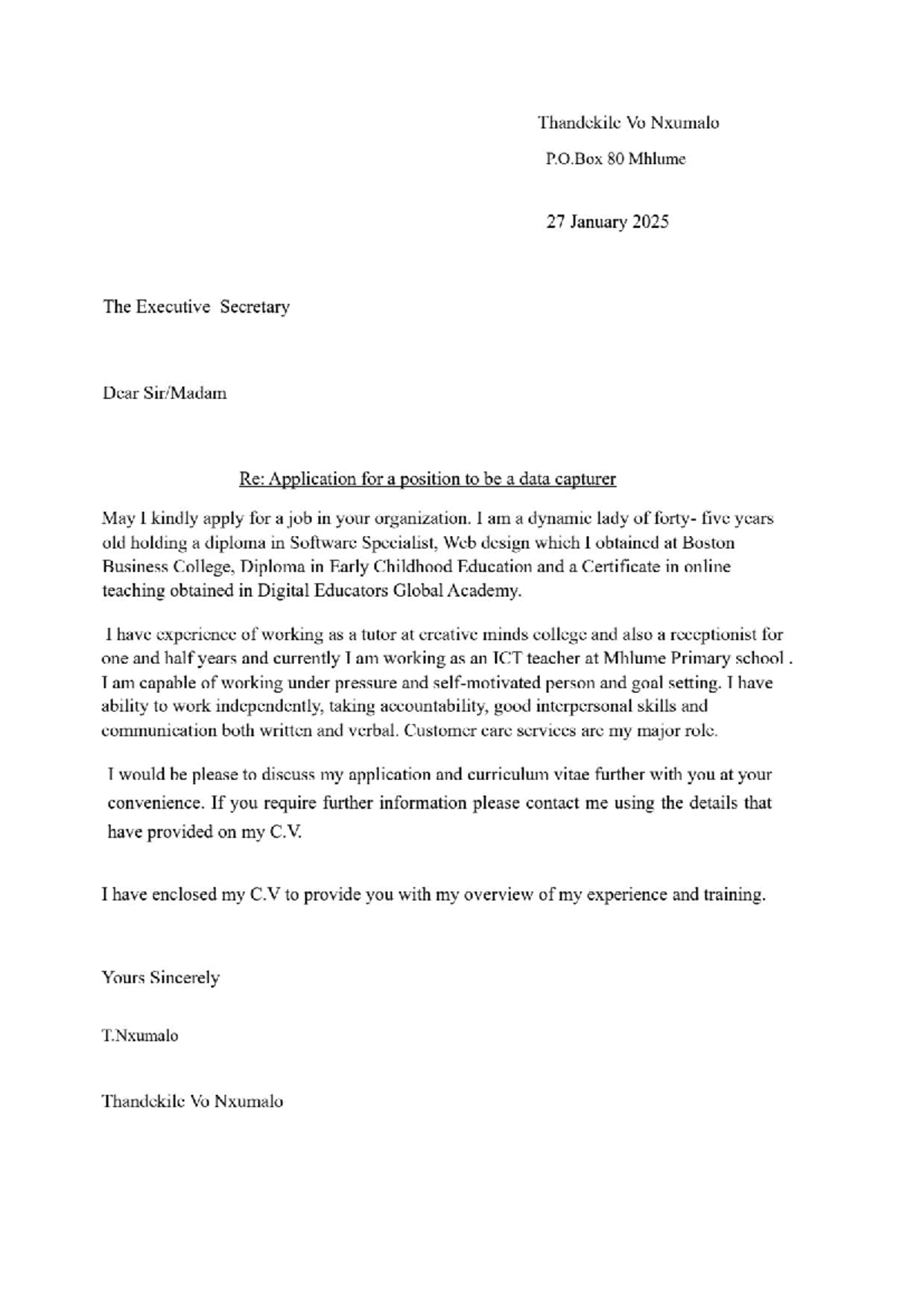 Application Letter for Data Capturer Position - Studocu