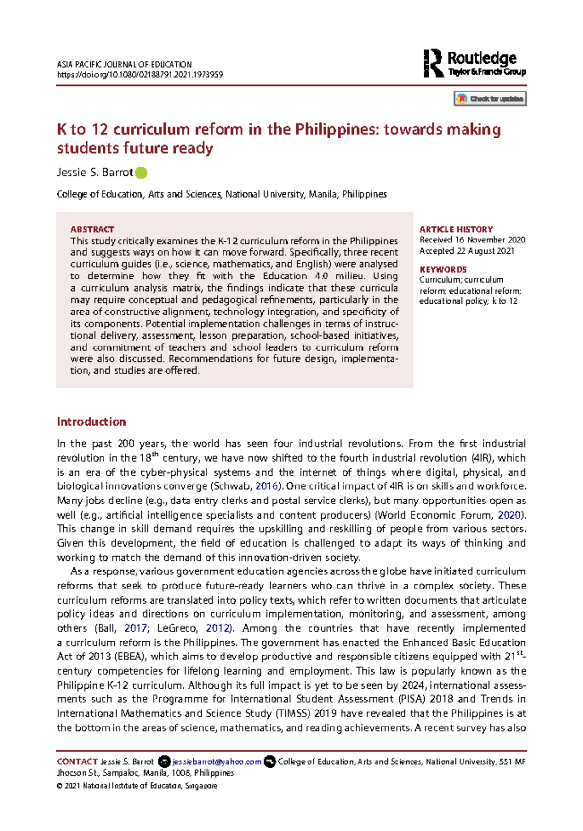 K to 12 Curriculum Reform in the Philippines: Preparing Students for ...