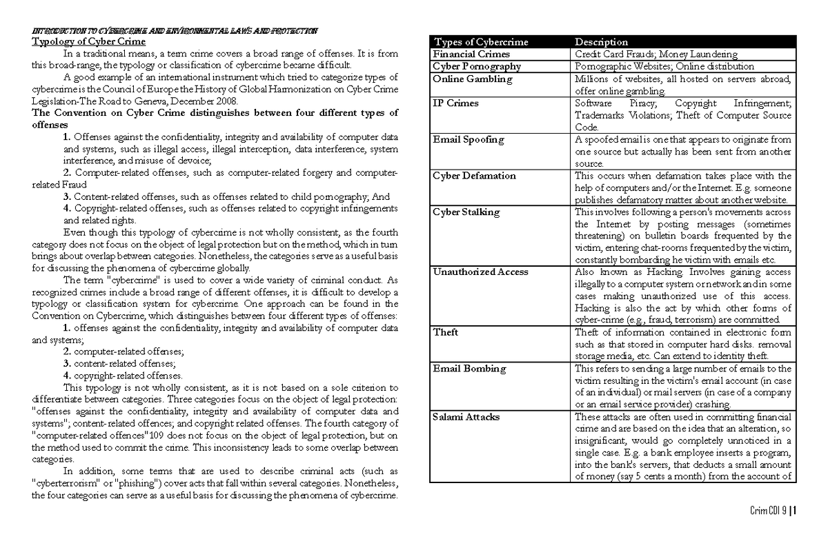 Crim CDI 9: Cybercrime Typologies and Environmental Law Overview - Studocu