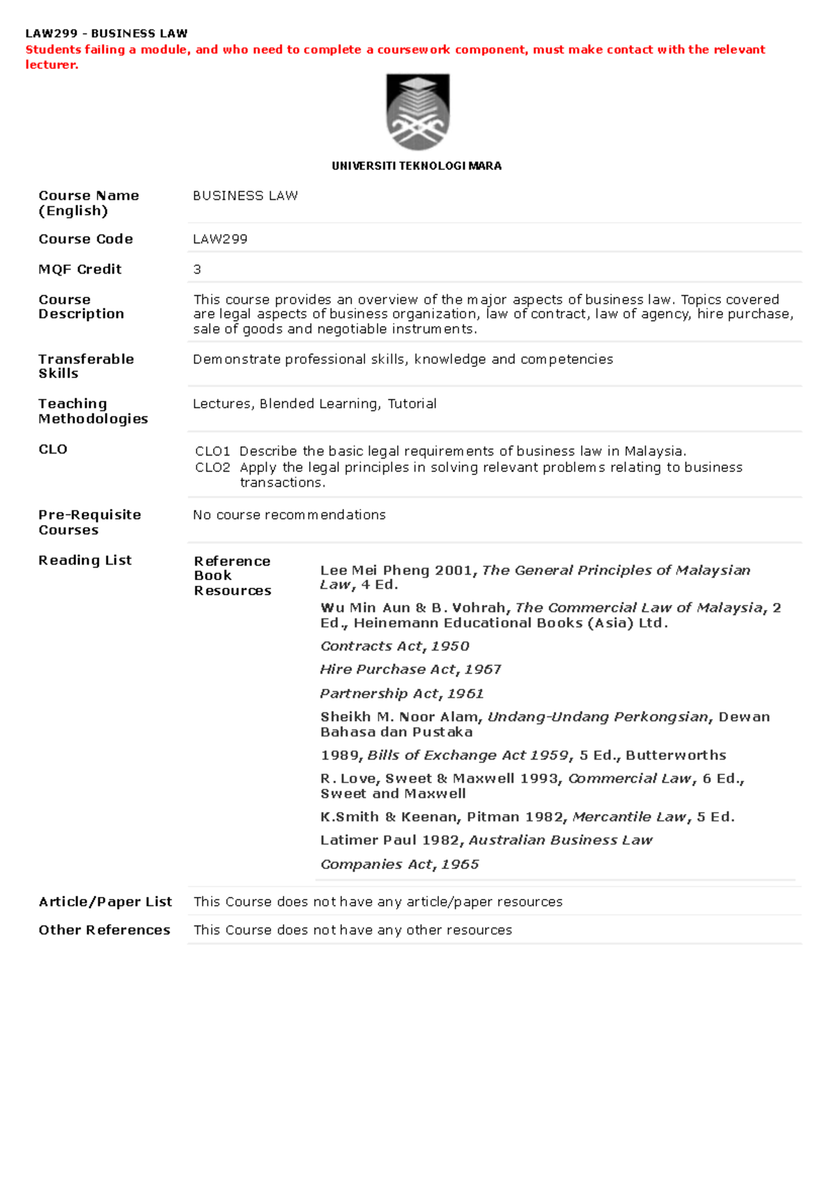 LAW299 - Business Law Course Outline and Key Components - Studocu