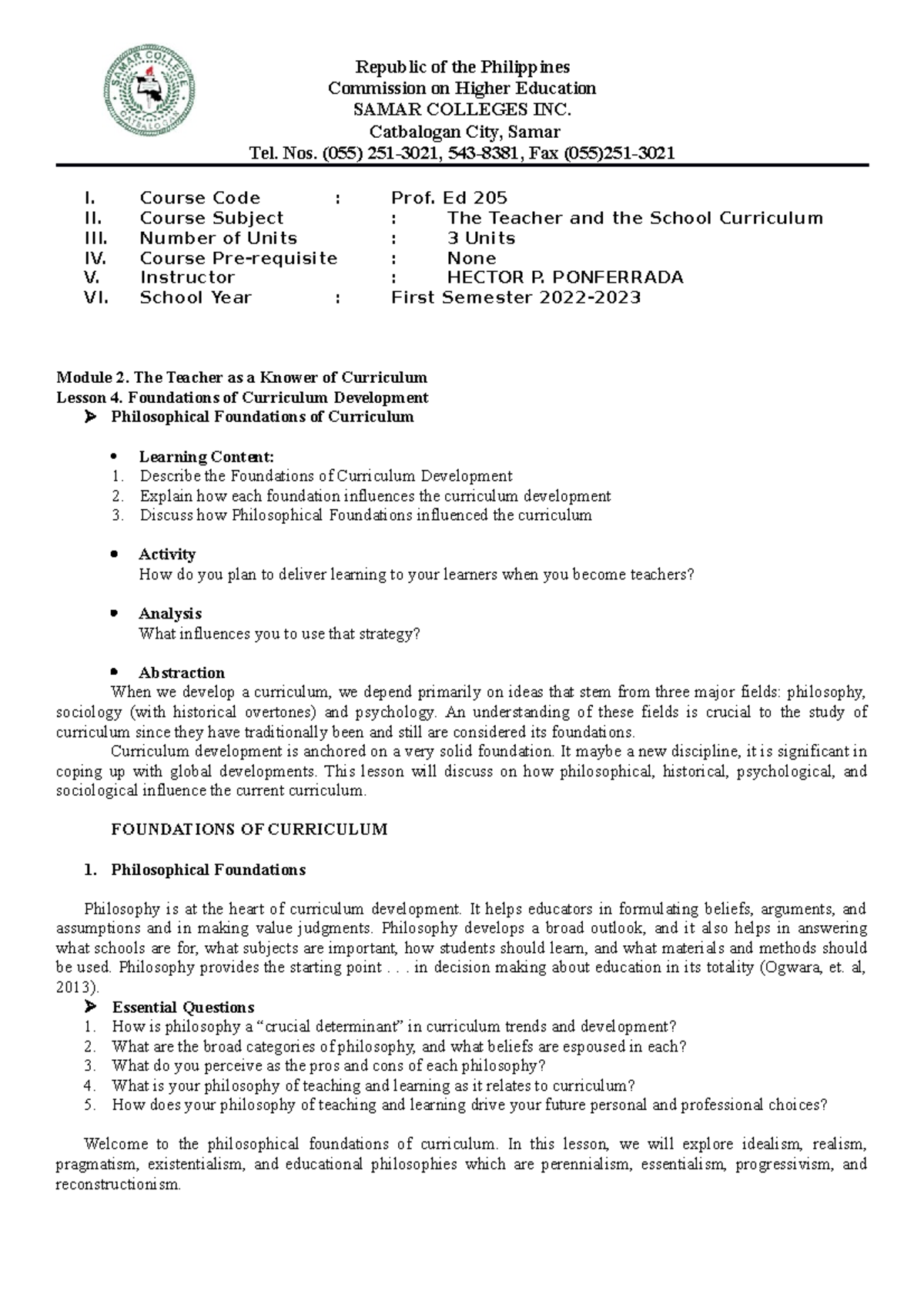 Prof. Ed 205 - Module 2 Lesson 4: Foundations of Curriculum Development ...