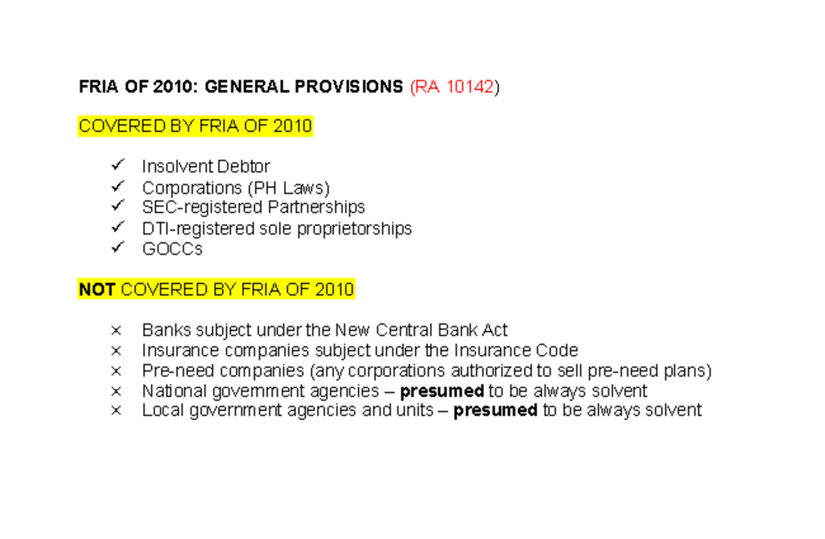 FRIA - notes - FRIA OF 2010: GENERAL PROVISIONS (RA 10142) COVERED BY ...