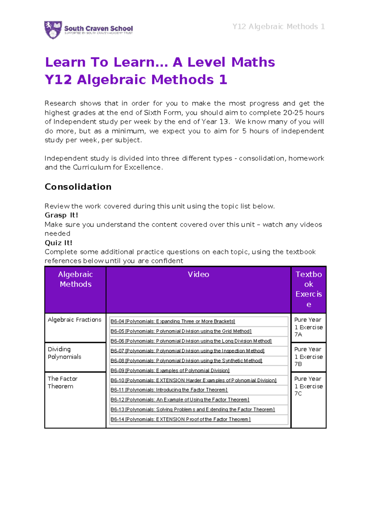 Y12 Algebraic Methods 1: Independent Study Guide for A Level Maths ...