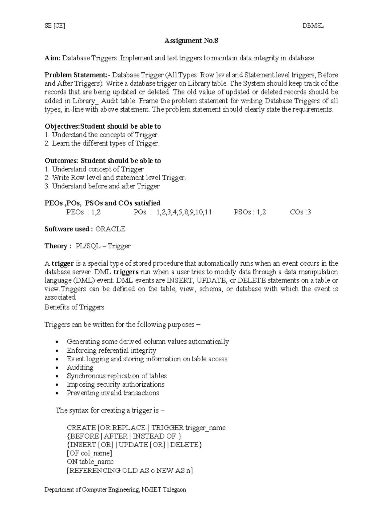 SE DBMS Assignment No.8: Implementing Database Triggers for Integrity ...