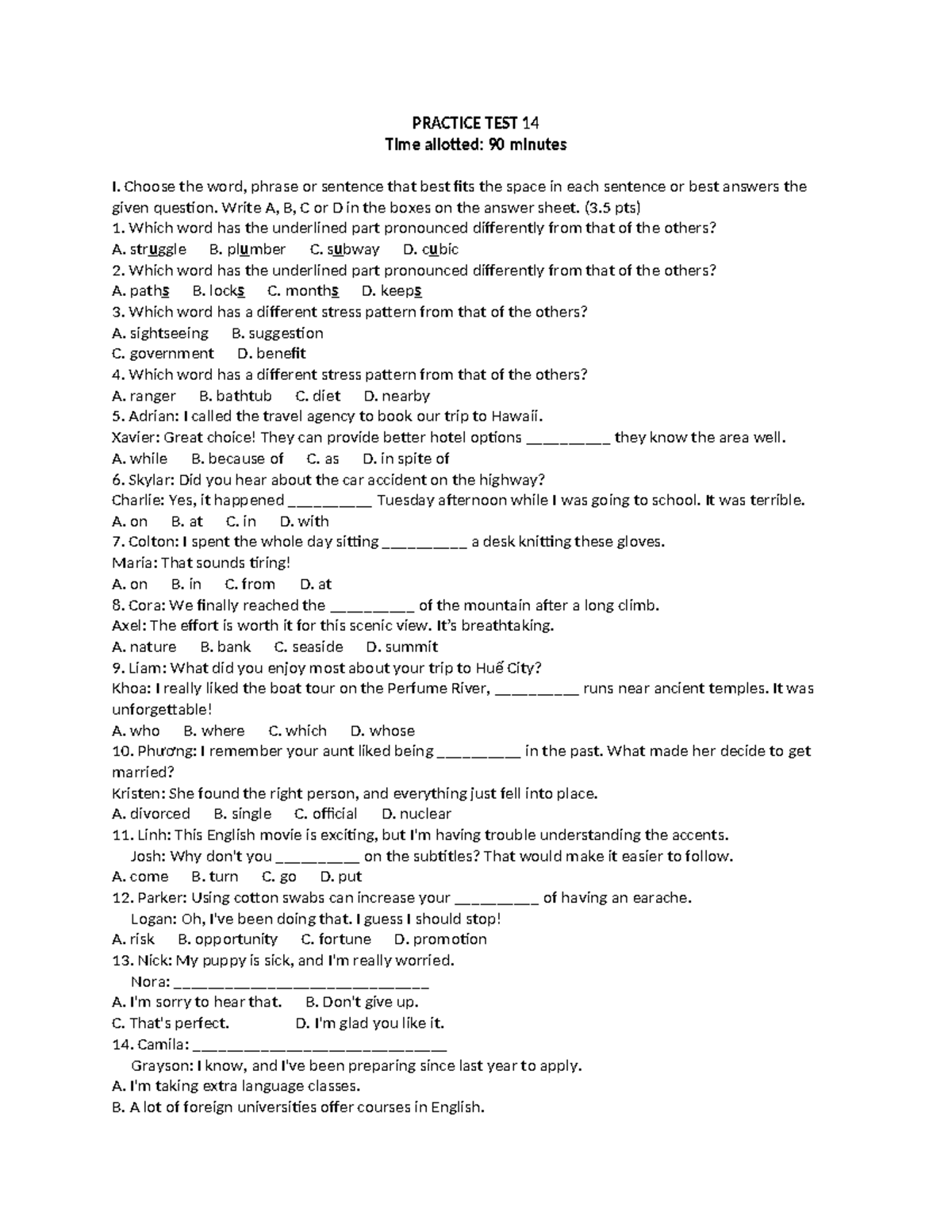 TEST 14 - English Language Practice Test - Studocu
