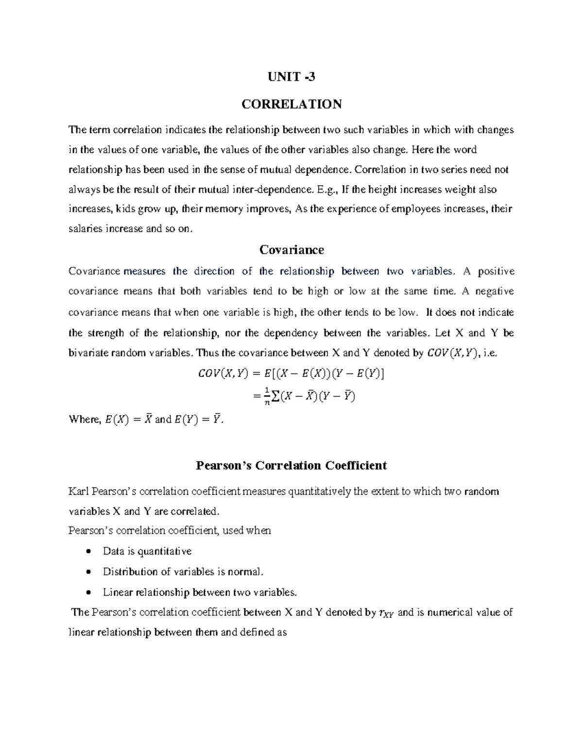 STATISTICS Unit 3 - UNIT - 3 CORRELATION The term correlation indicates ...