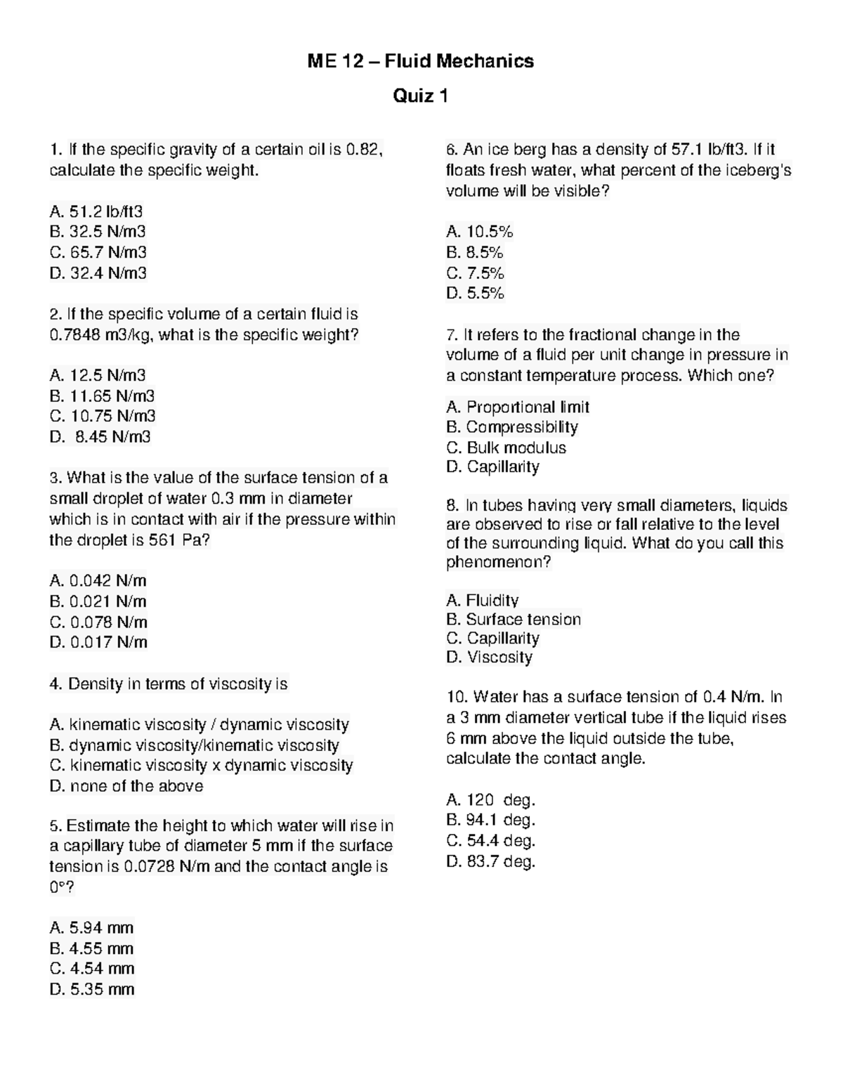 ME 12 - Fluid Mechanics Quiz 1 Overview and Sample Questions - Studocu
