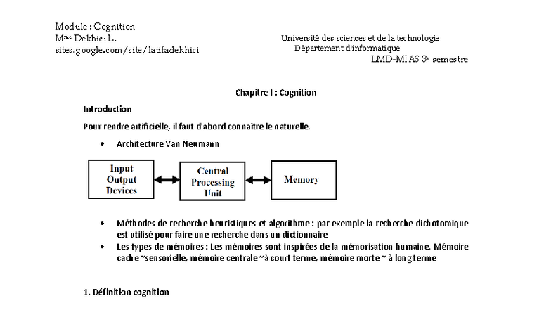 Module : Cognition - Chapitre I : Introduction aux Sciences Cognitives ...
