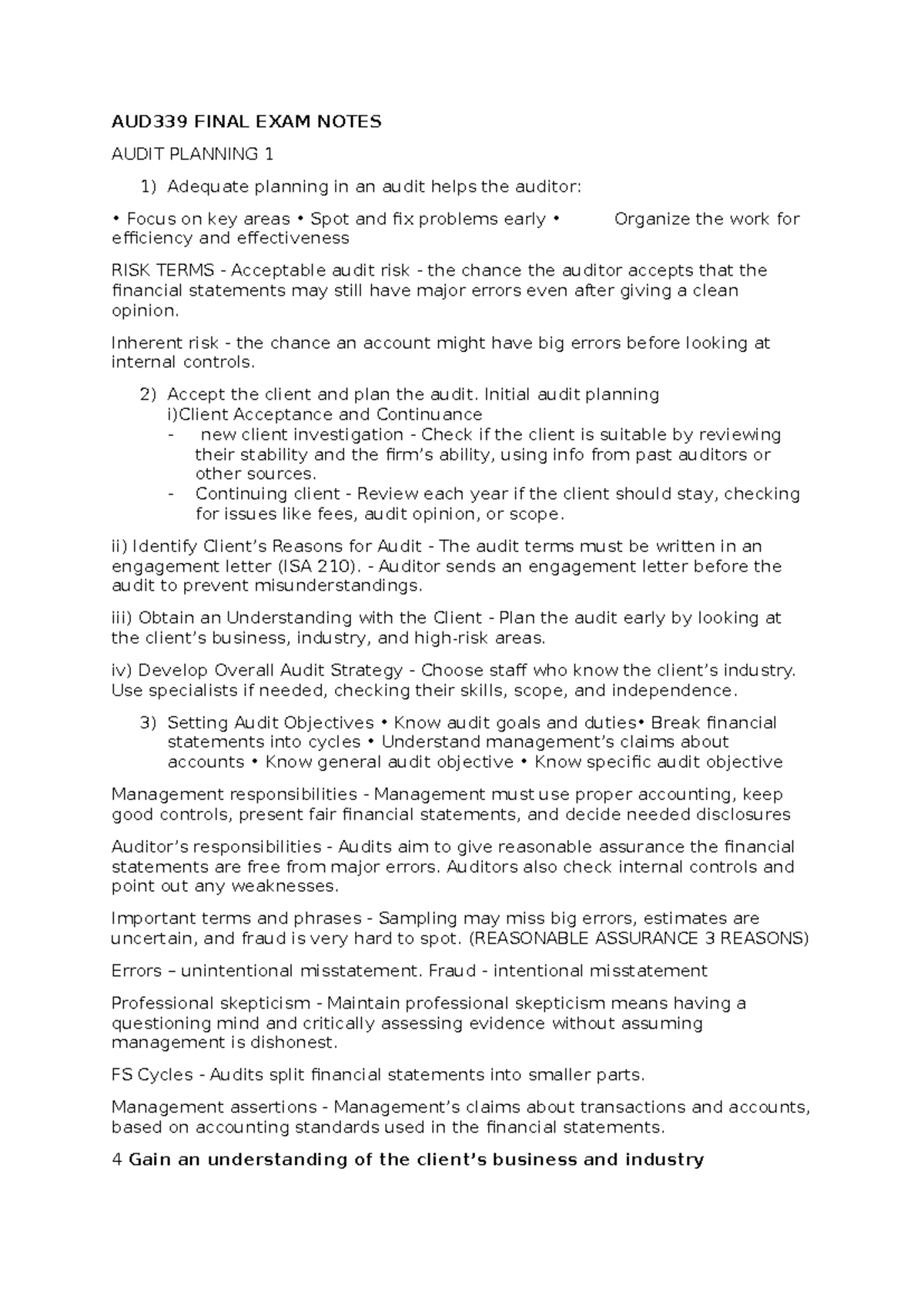 AUD339 FINAL EXAM NOTES: Comprehensive Guide to Audit Planning - Studocu