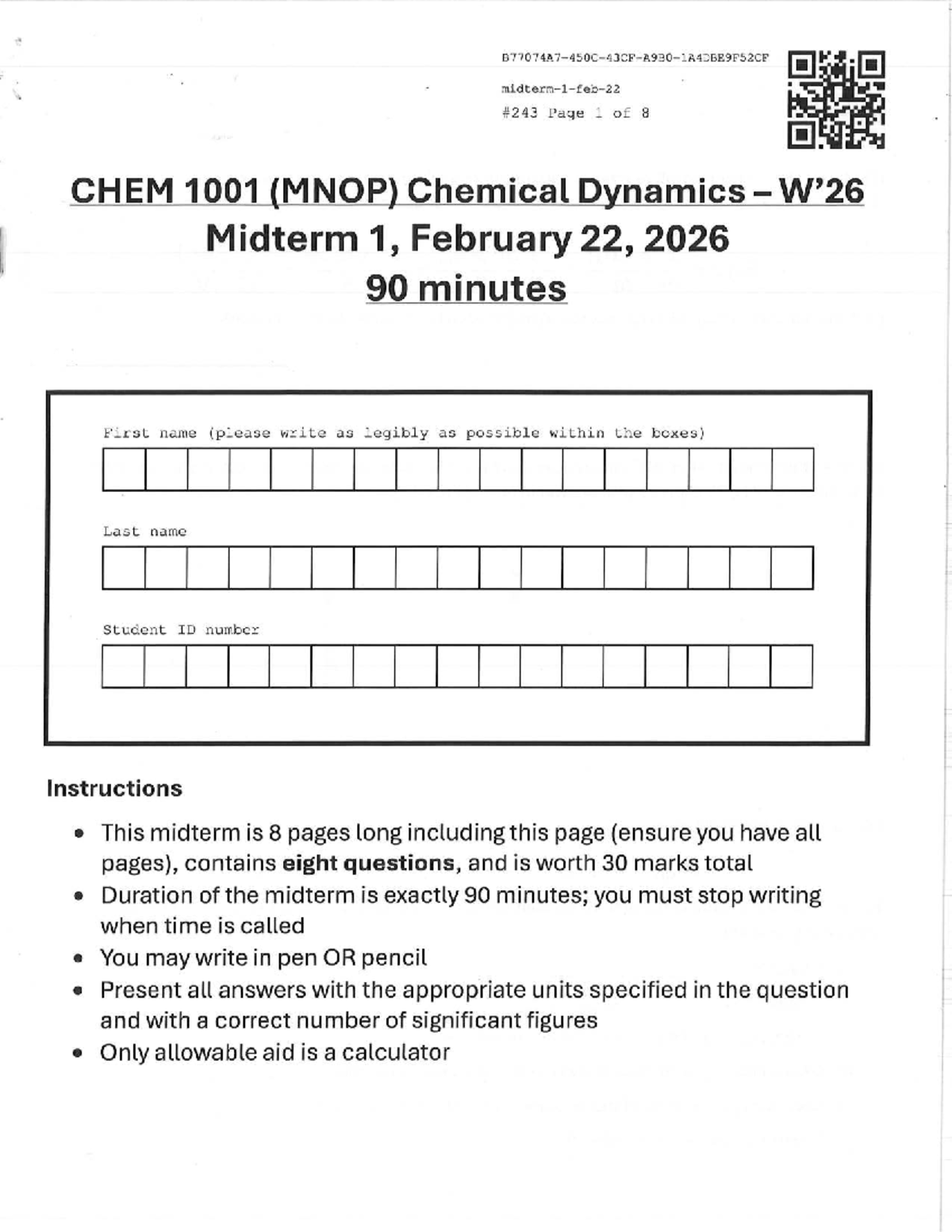 CHEM 1001 (MNOP) Chemical Dynamics Midterm 1 - Winter 2026 - Studocu