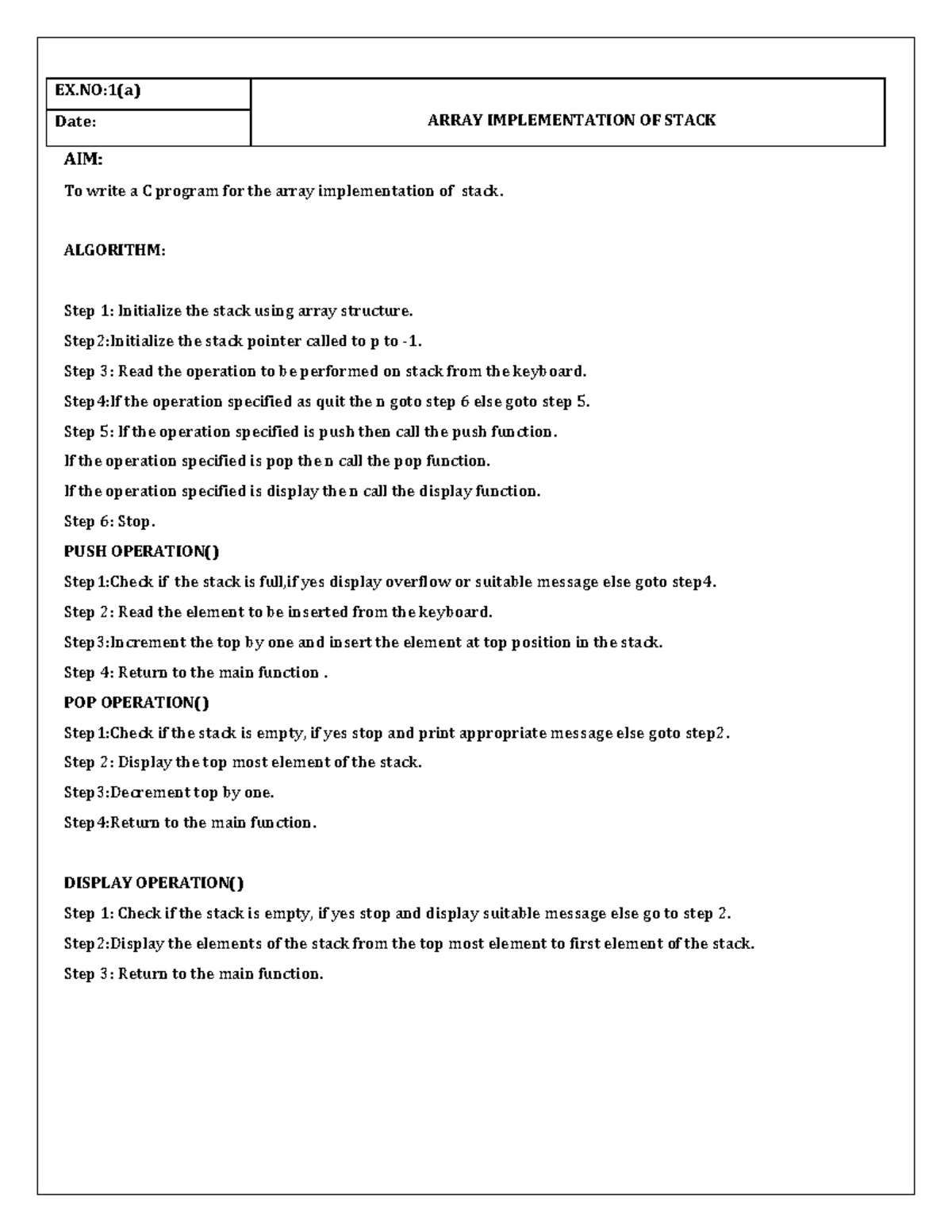 DS Lab Printout: Array Implementation of Stack and Queue Operations ...