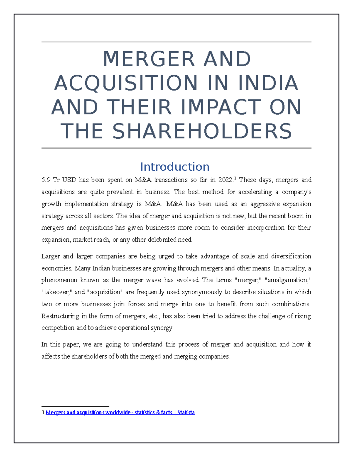 Impact of Mergers and Acquisitions on Shareholder Wealth in India - Studocu
