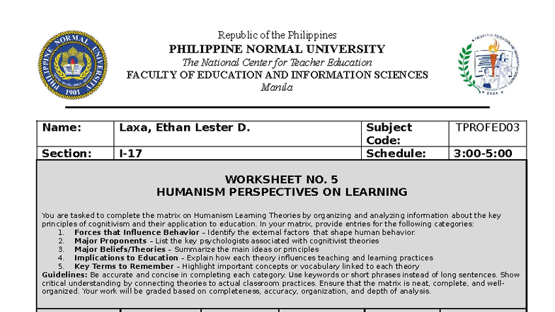 TPROFED03 Worksheet No. 5: Humanism Perspectives on Learning - Studocu