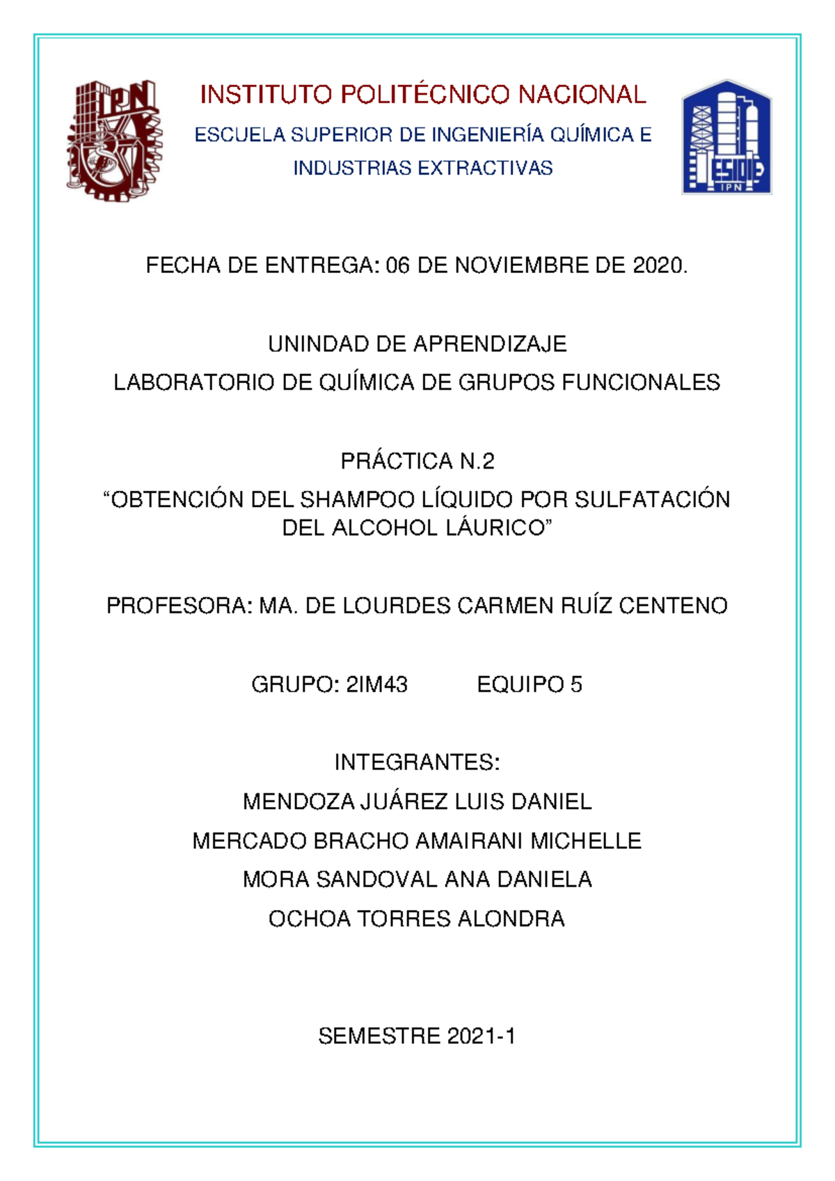 Práctica 2: Obtención de Shampoo Líquido por Sulfatación (2IM43) - Document Preview