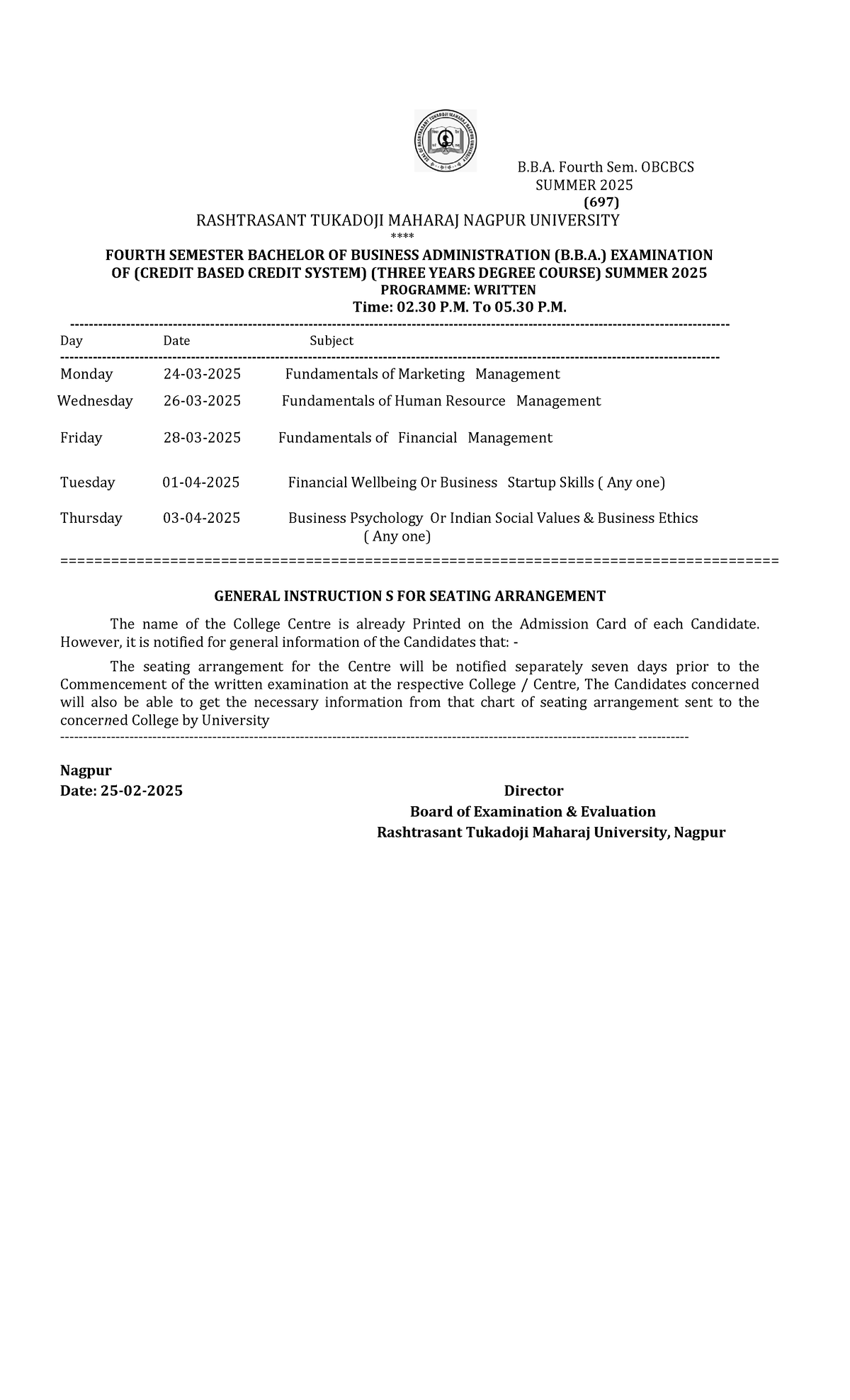 BBA Semester 4 Exam Schedule - Summer 2025 (OBCBCS) - Studocu