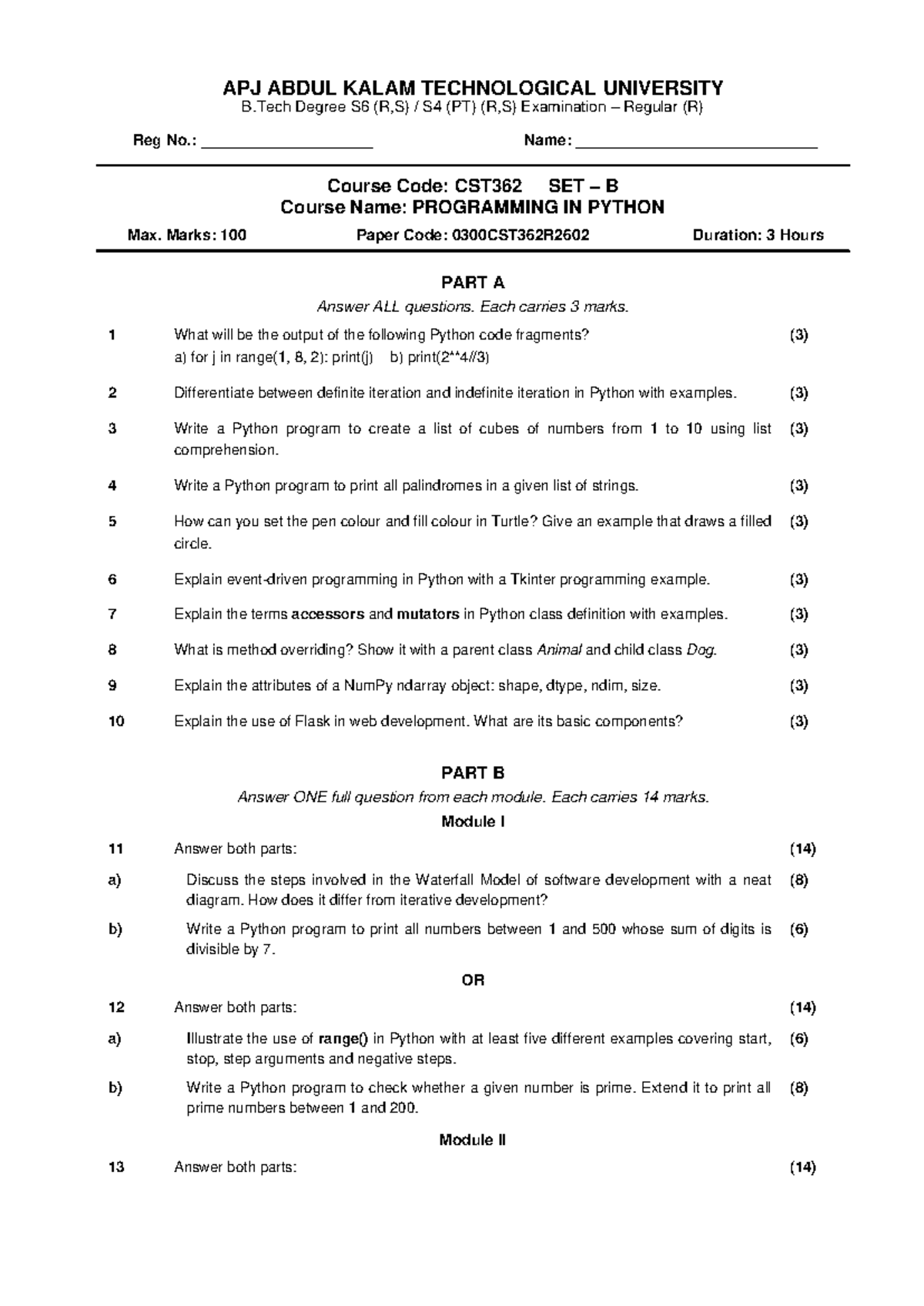 QP Set B CST362 - Programming in Python Exam Questions - Studocu