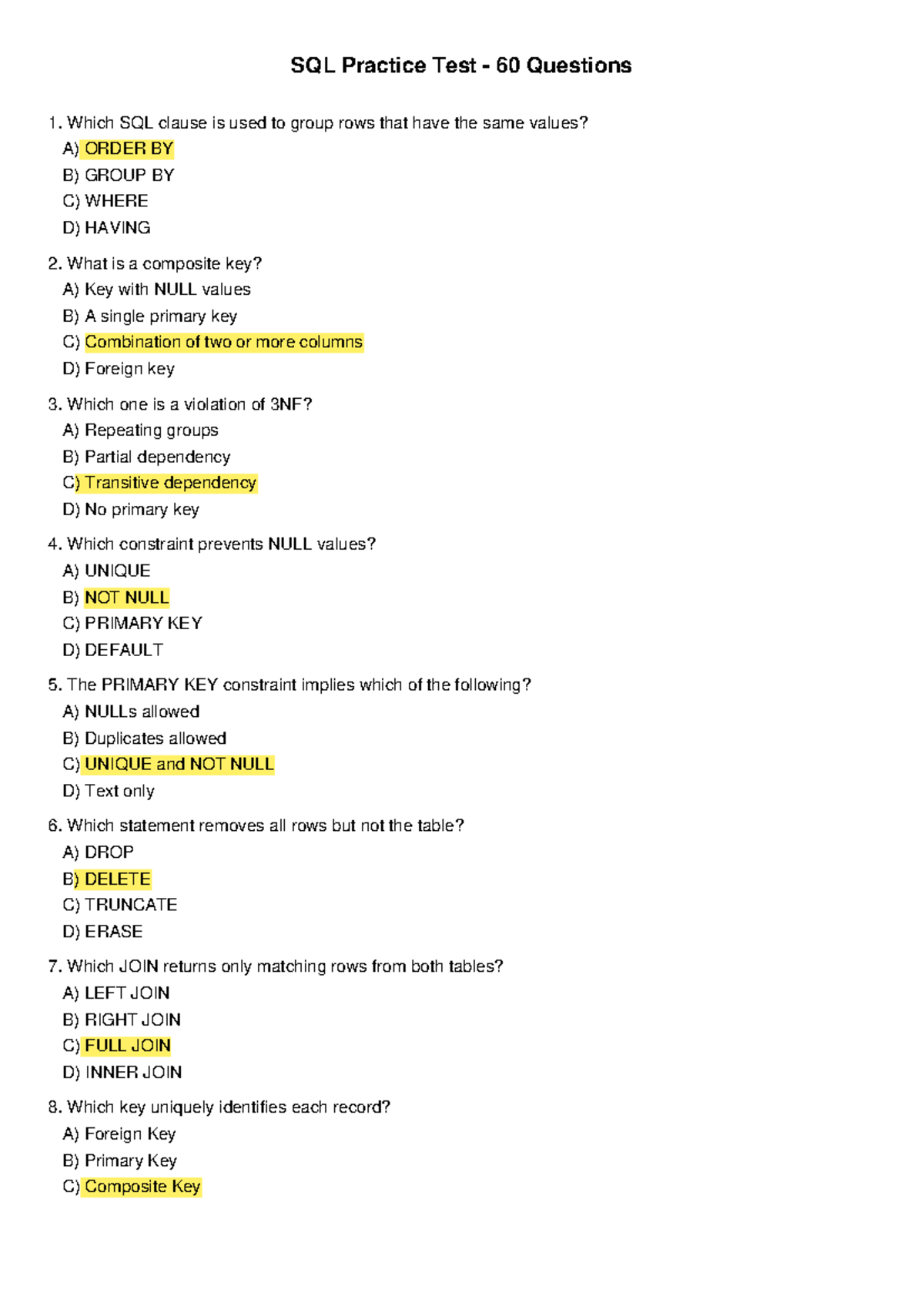 SQL 60 MCQ Practice Test with Answers for Unique Concepts - Studocu