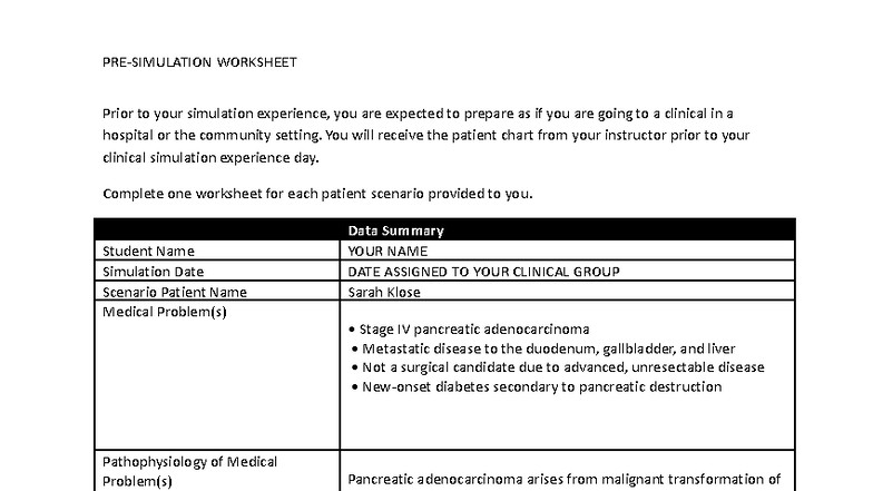 NUR 302 Pre-Simulation Worksheet for Clinical Experience - Studocu