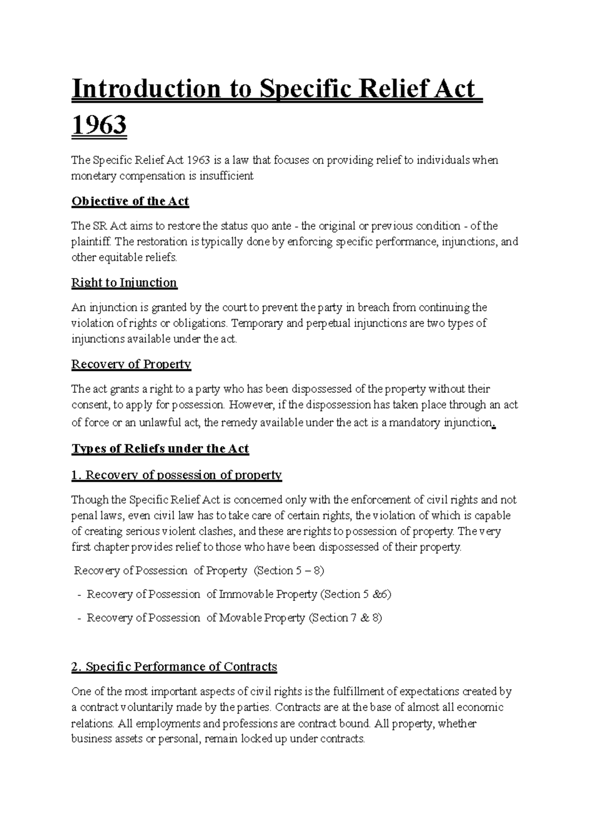 Specific Relief Act 1963: Overview and Key Provisions - Studocu