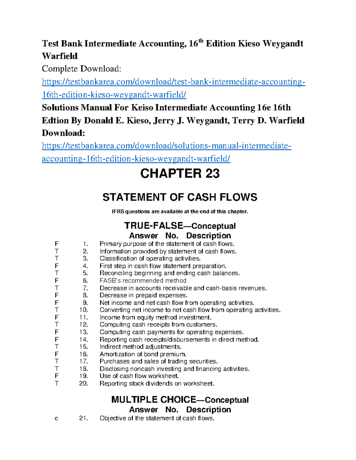 Test Bank for Intermediate Accounting (16th Ed) - Cash Flows Chapter ...
