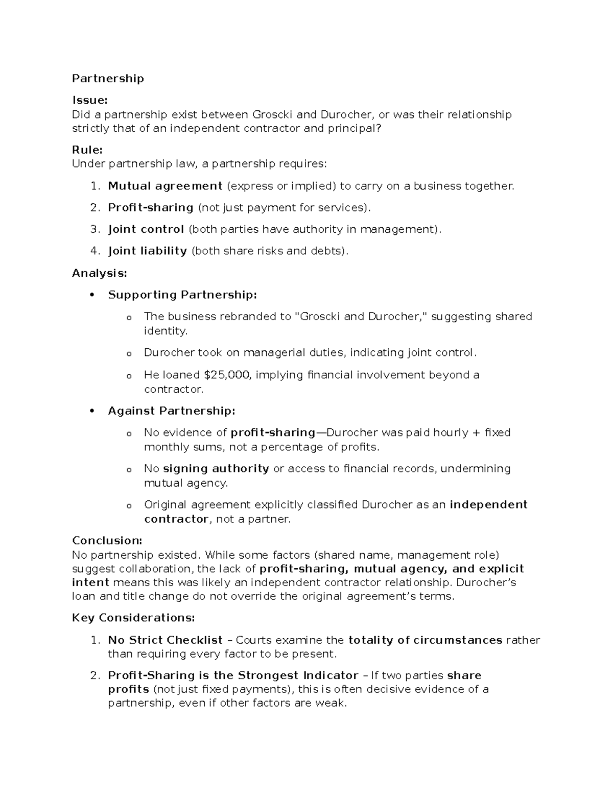 Partnership Law Analysis: Groscki & Durocher Case Study Notes - Studocu