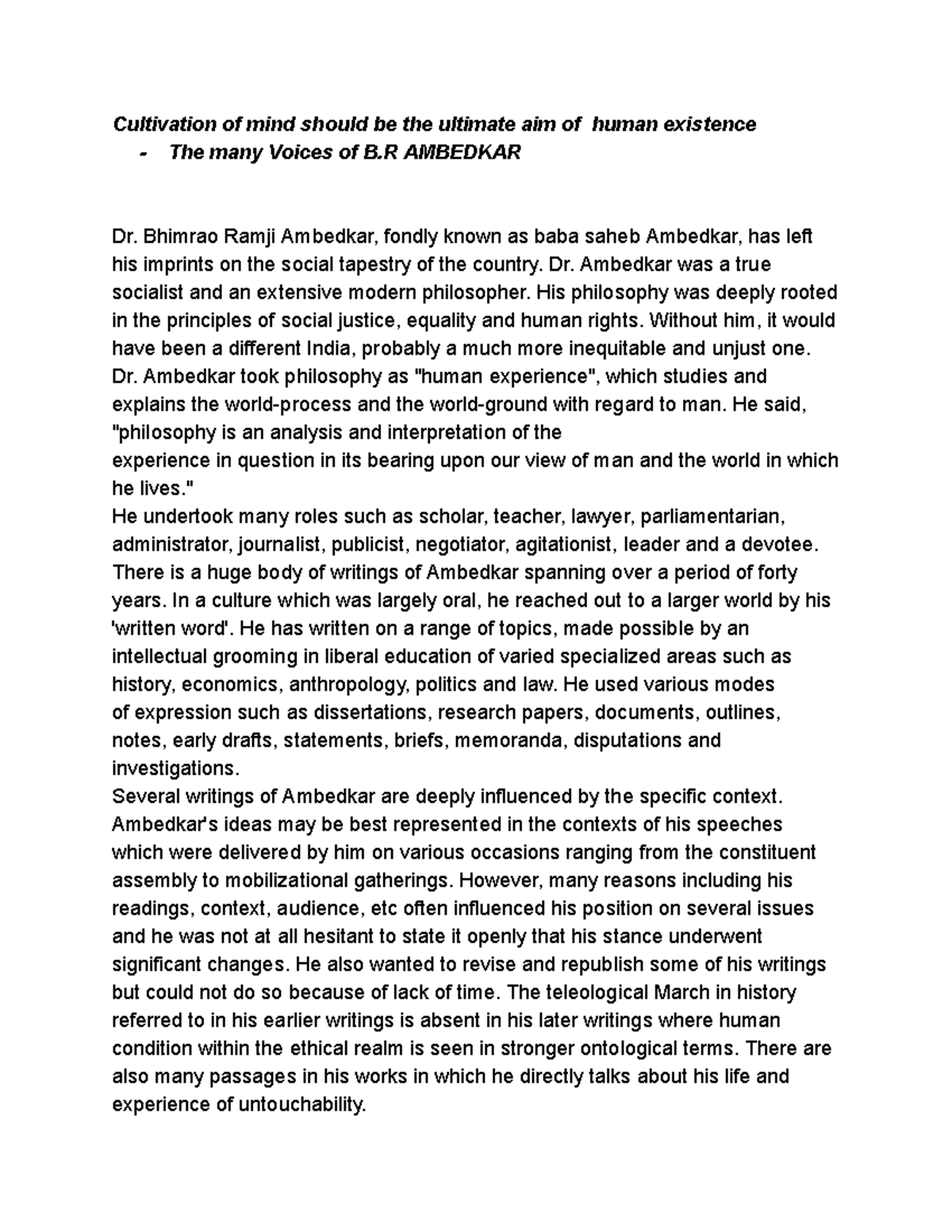 Final Exam Essays on B.R. Ambedkar and Social Justice (HIST101) - Studocu